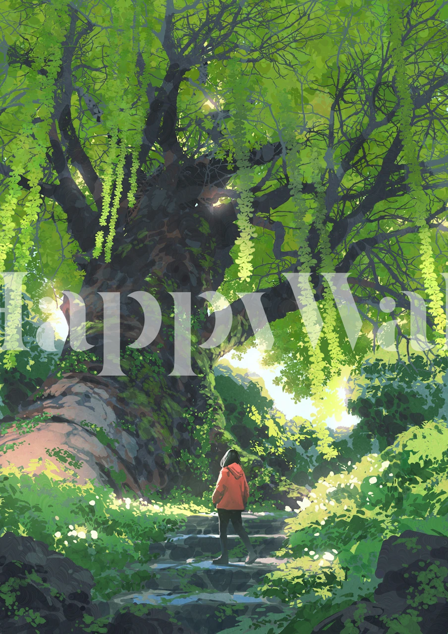 Girl standing by a giant tree wallpaper