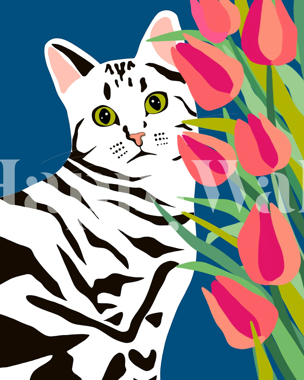 Black and white cat next to pink tulips on blue background wallpaper