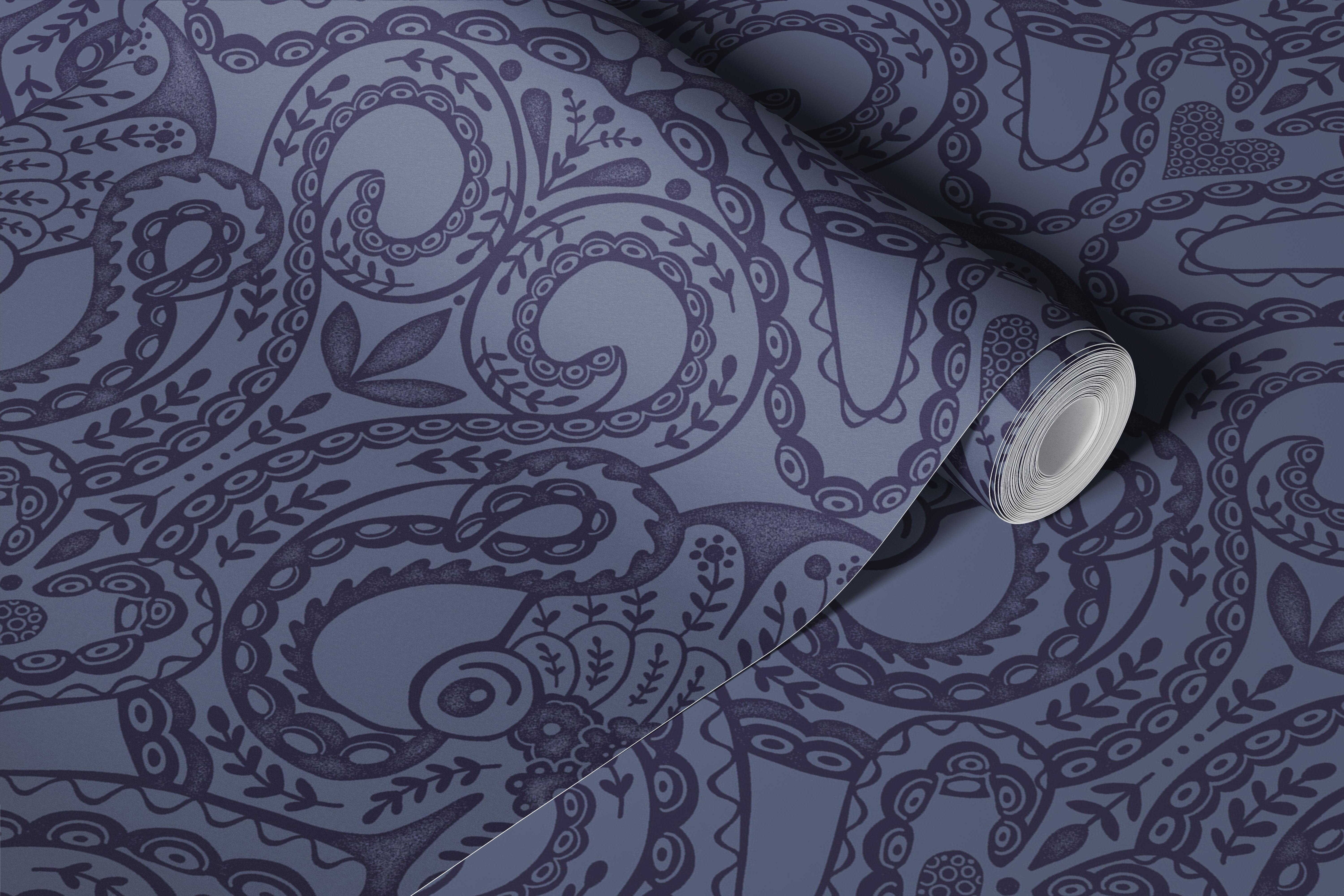 Octopus and floral damask pattern in midblue wallpaper