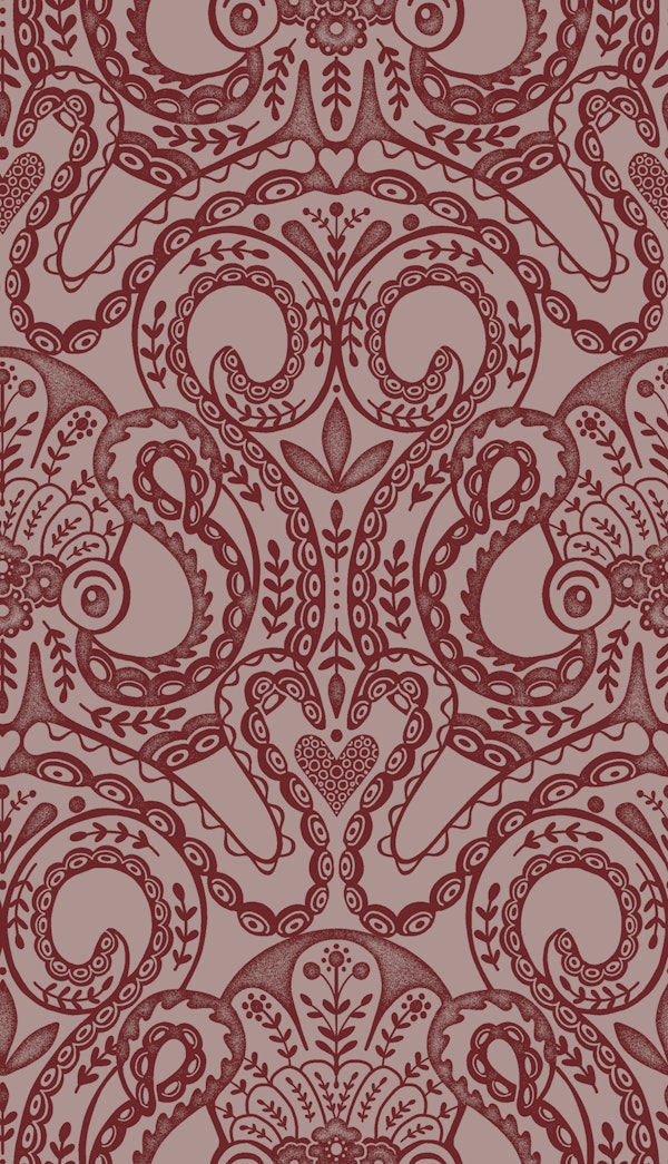 Folk octopus damask mauve red