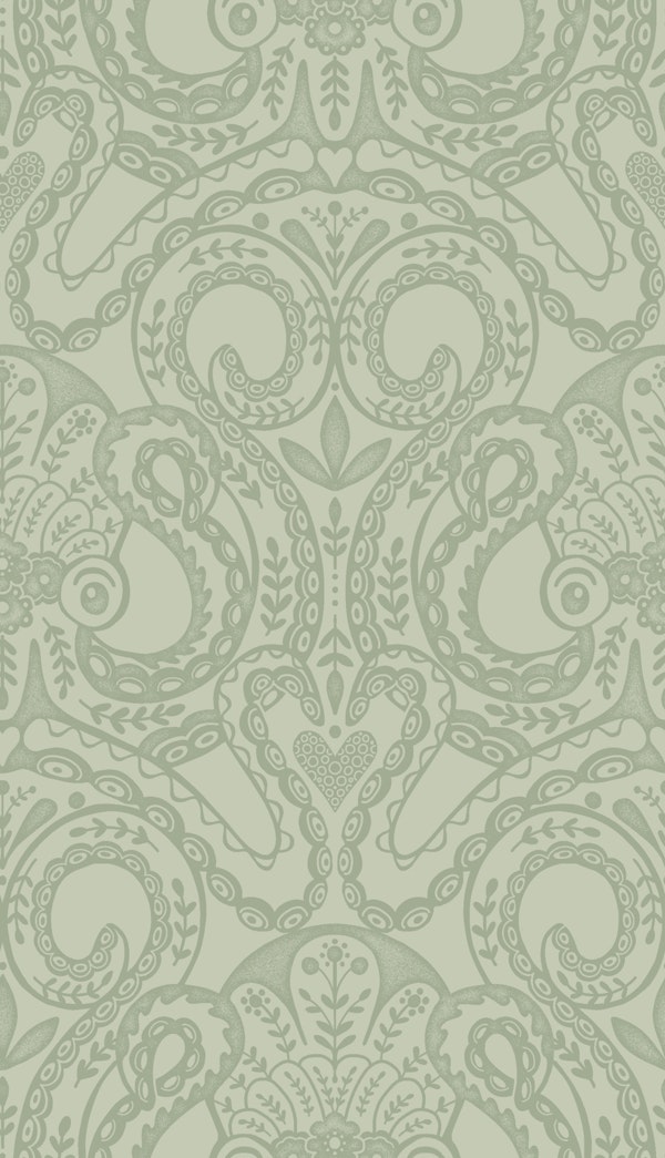 Folk octopus damask pale sage green