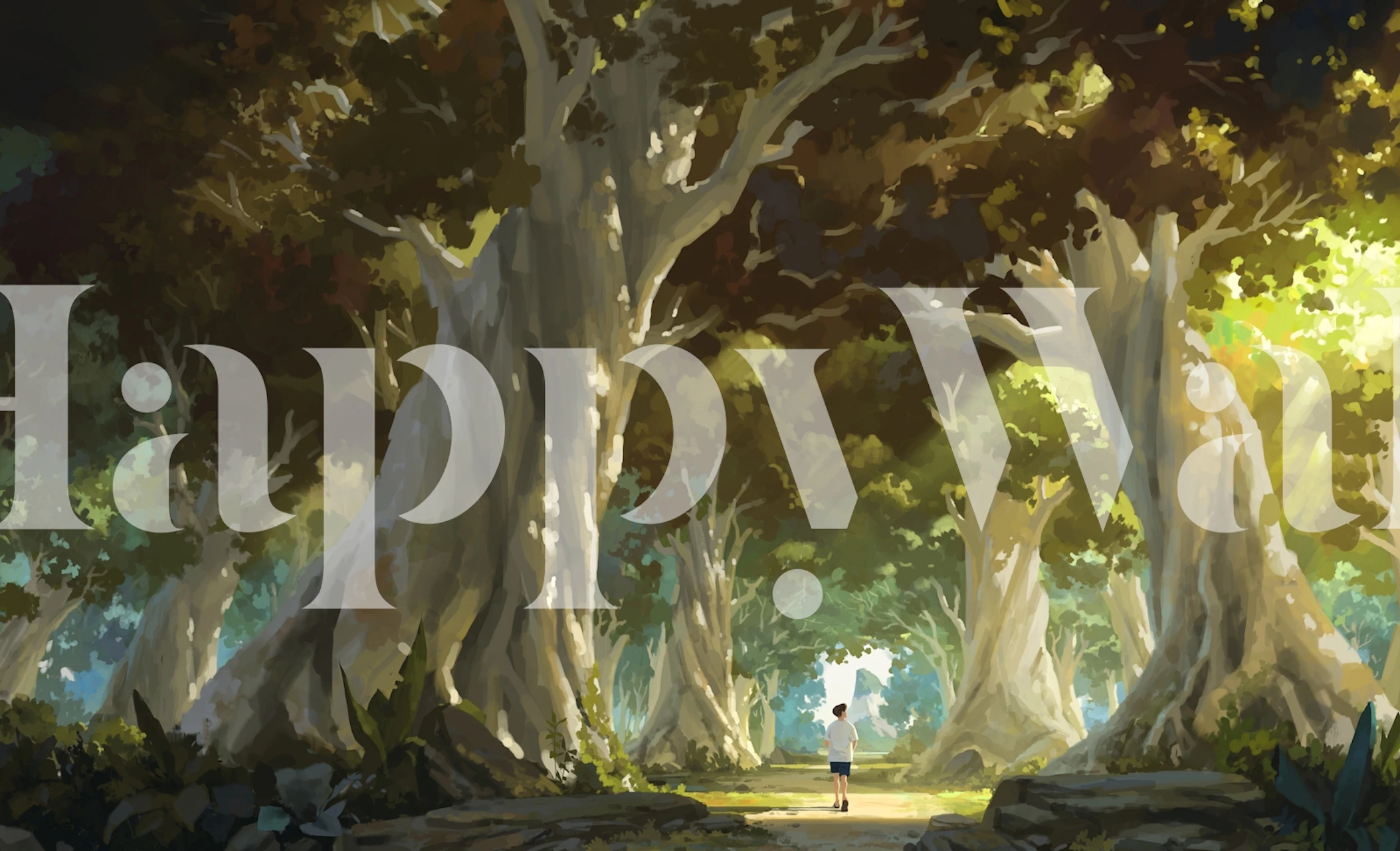 Child standing in vibrant enchanted forest wallpaper