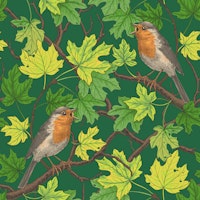 Robins in maple tree on green tapete