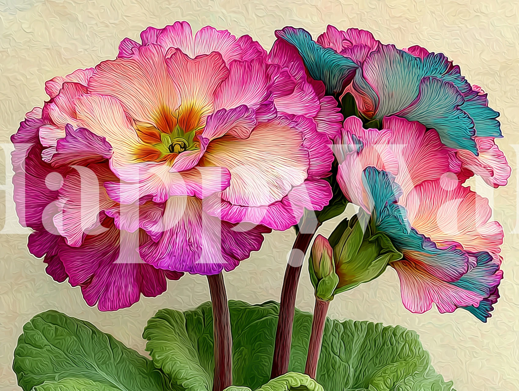 Vibrant pink flowers with soft green leaves floral wallpaper