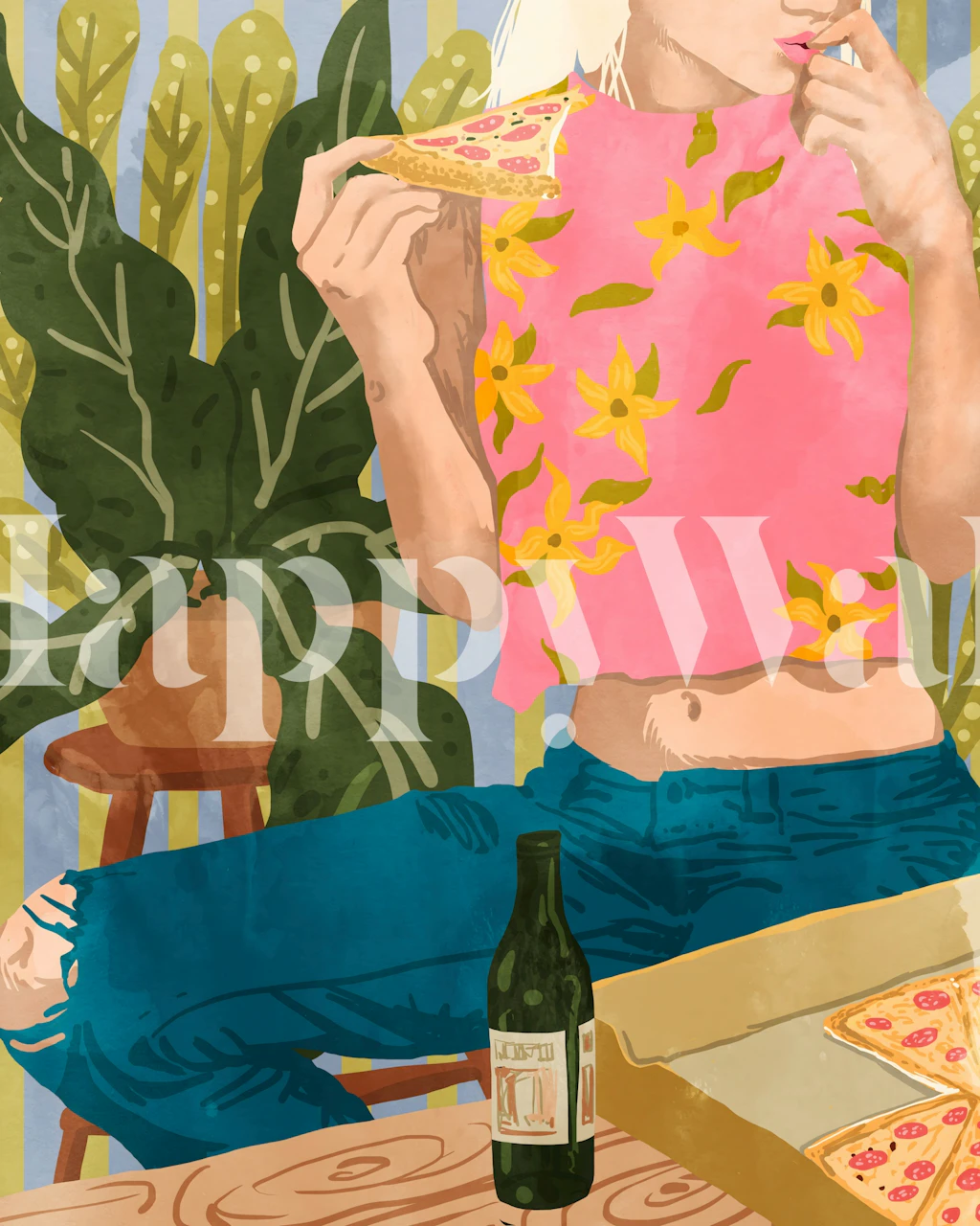 Pizza wallpaper in a cheerful room setting
