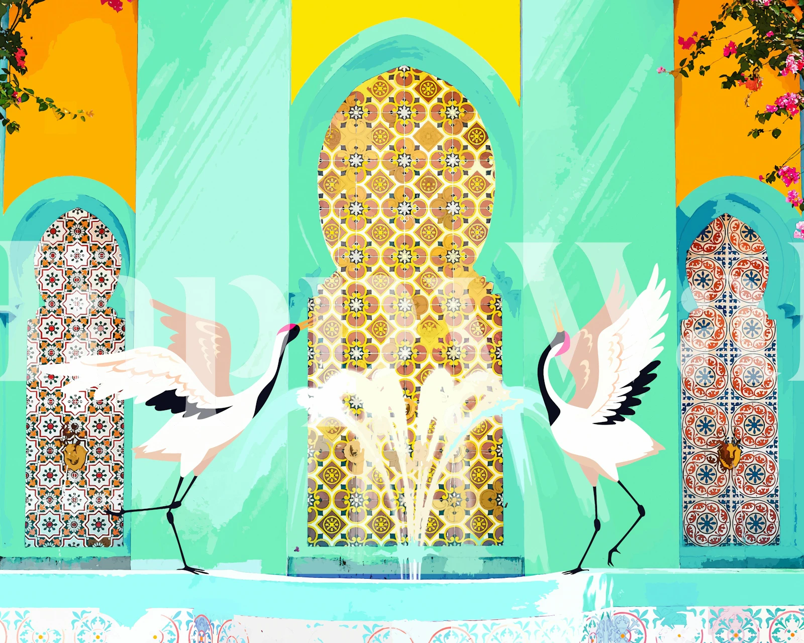 Moroccan courtyard with blue arches and cranes wallpaper
