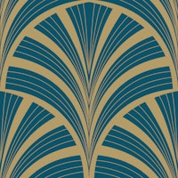 Art Deco Palm Frond - Peacock Blue & Gold papel de parede