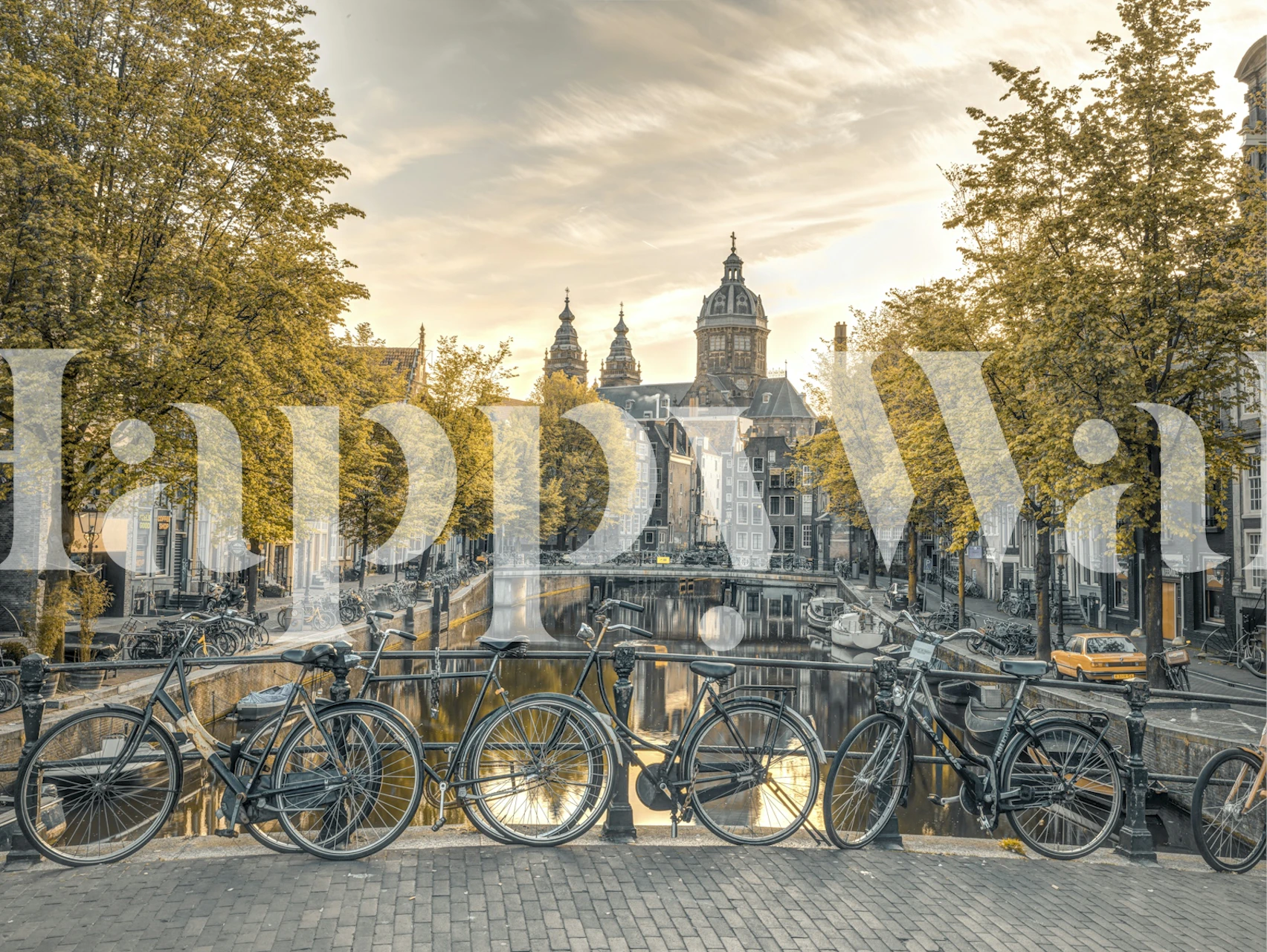 Canal with bicycles, autumn trees, tranquil scene, wallpaper