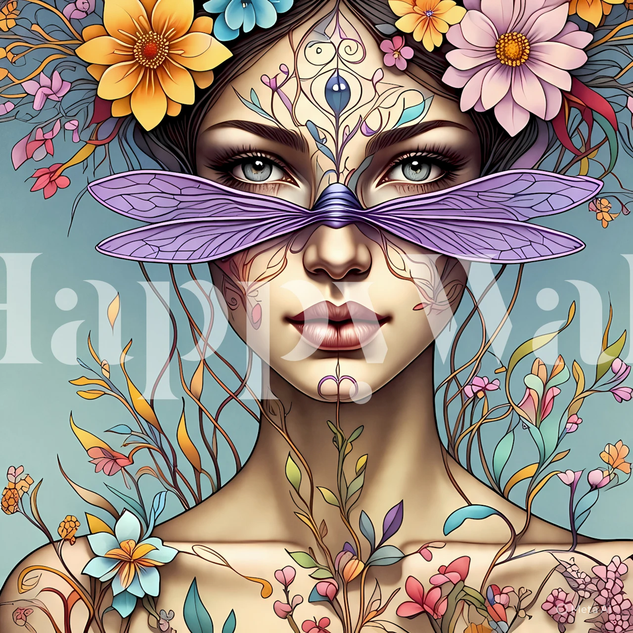 Floral pattern with dragonflies and woman figure in vibrant colors wallpaper