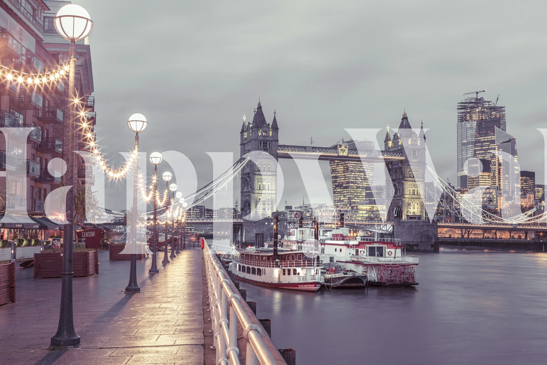 Cityscape wallpaper featuring Tower Bridge, gray tones, urban style