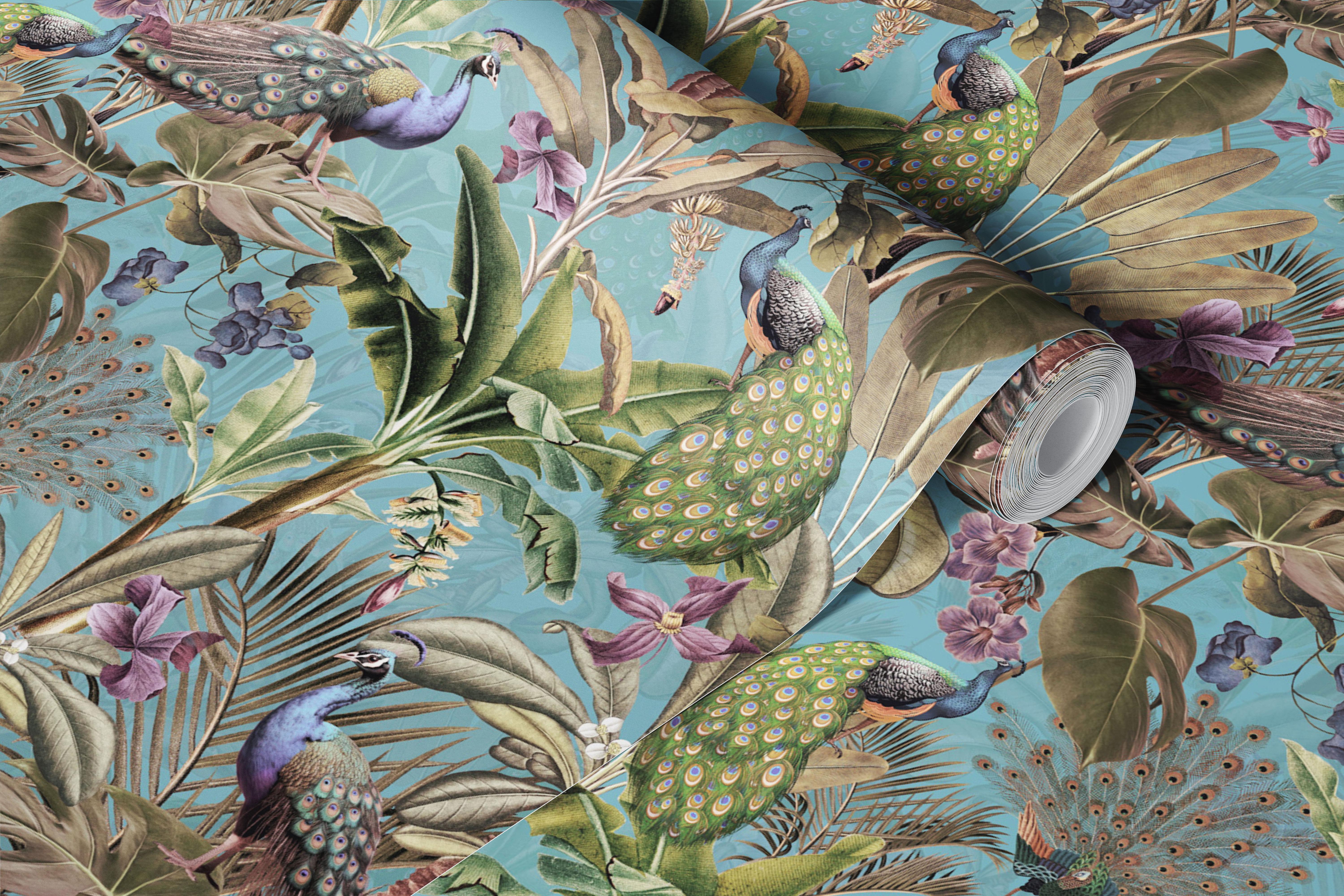 Tropical Peacock Vintage wallpaper dans une pièce