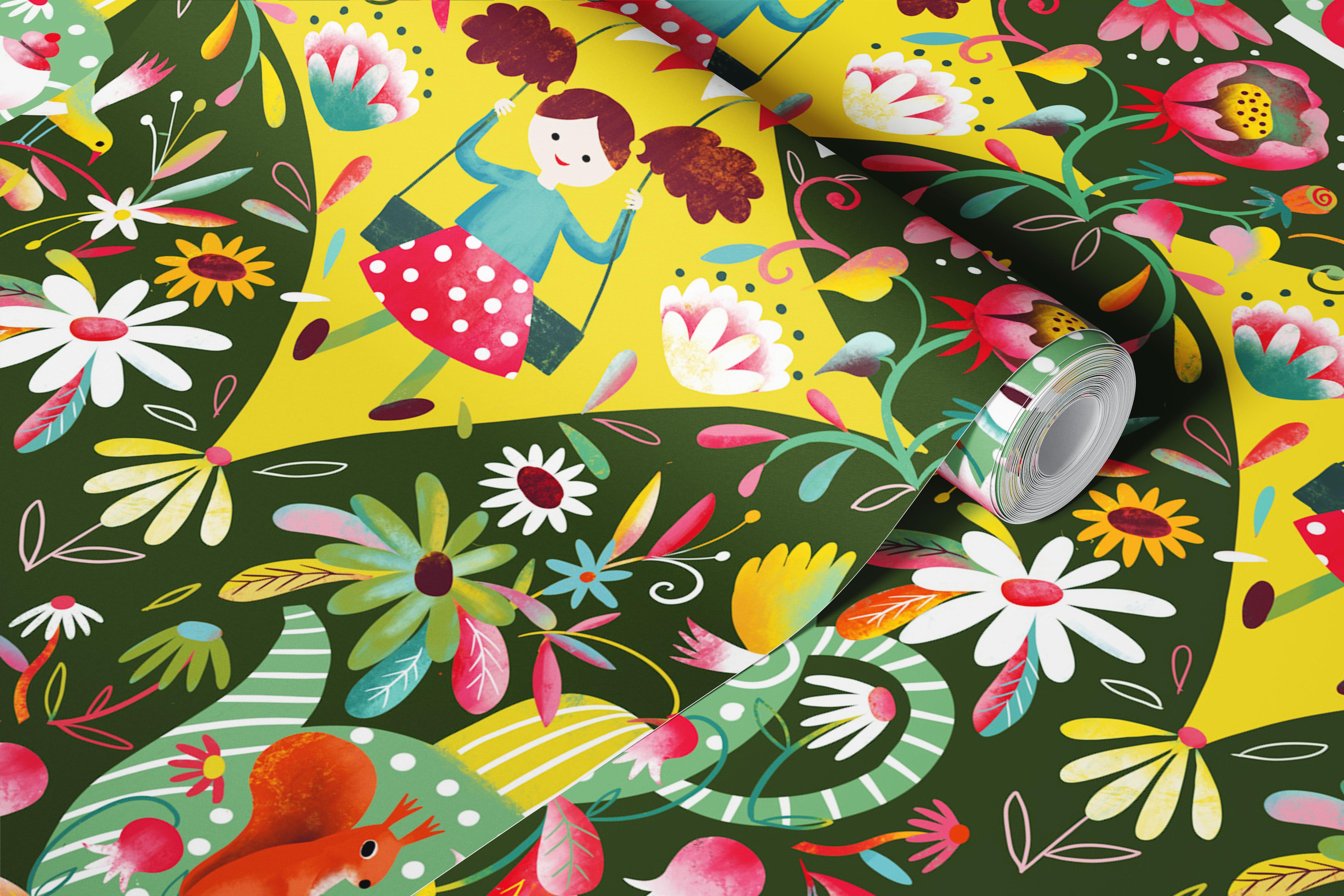 Folk art garden party Dark wallpaper in a room