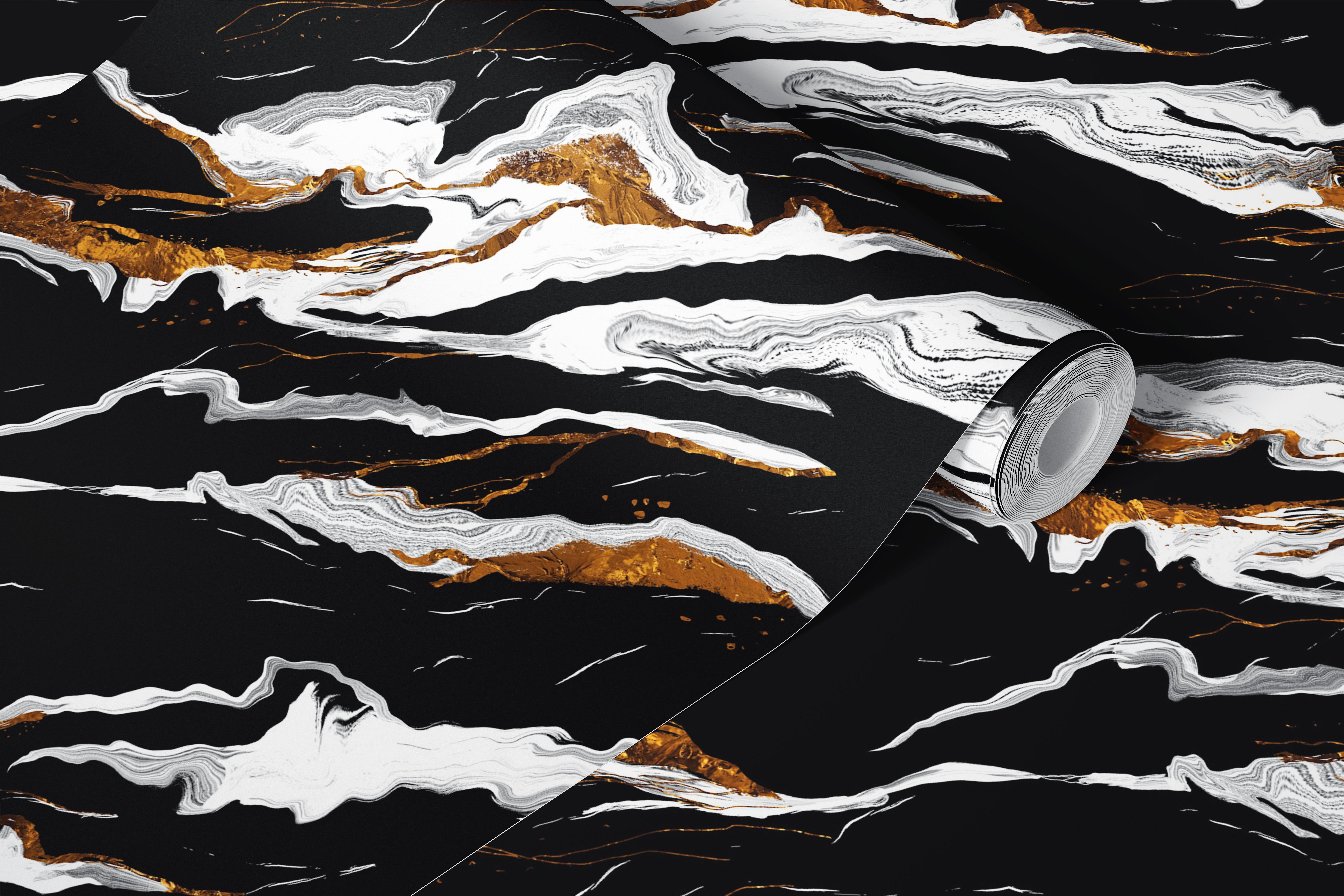 Papier peint en marbre noir avec des veines blanches et dorées