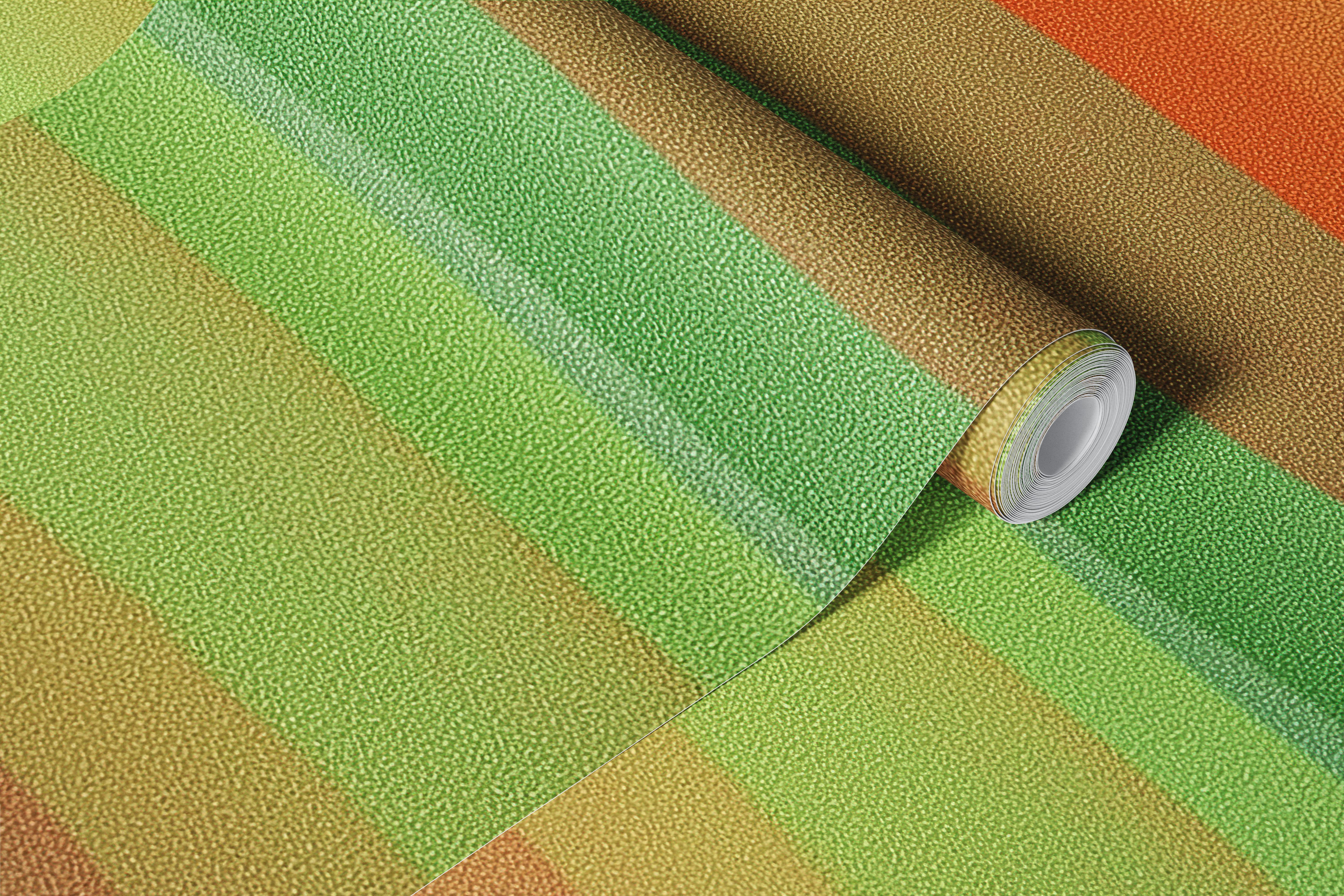 Striped wallpaper in earth tones: greens, oranges, browns, soft abstract design