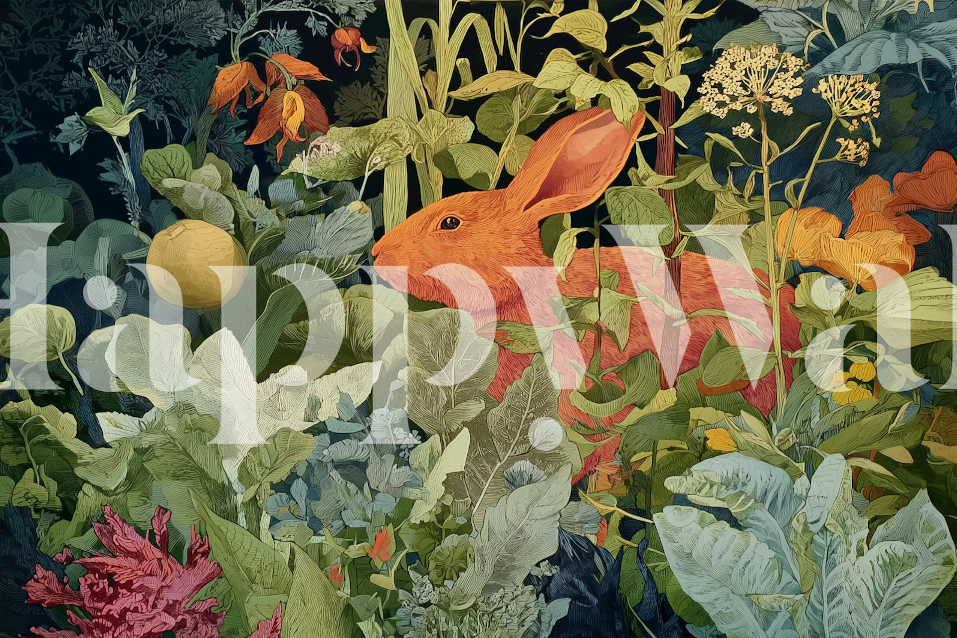 Floral design featuring a hidden bunny in a vibrant garden wallpaper