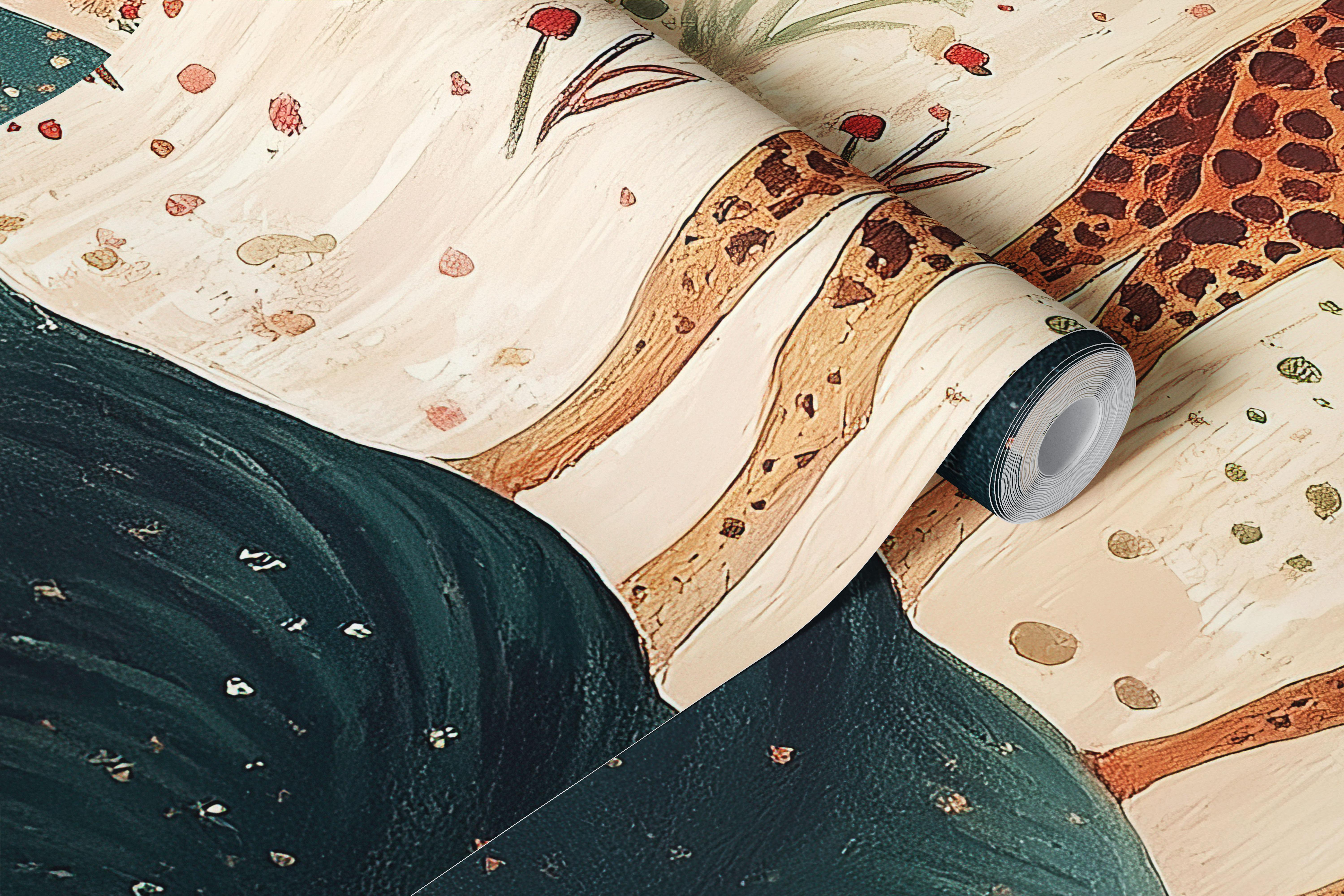 Colorful jungle animals: lion, zebra, elephant, and flowers wallpaper