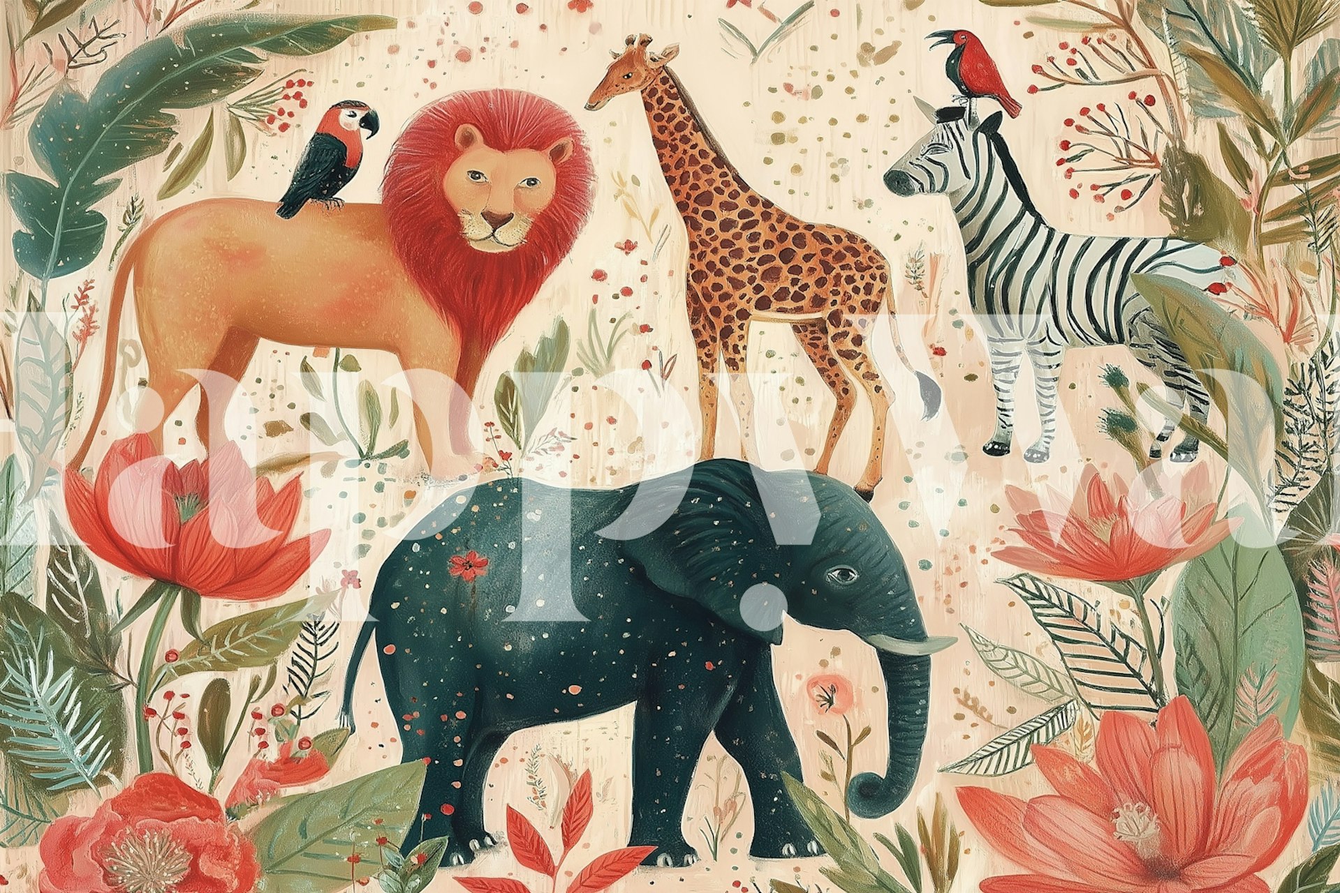 Colorful jungle animals: lion, zebra, elephant, and flowers wallpaper