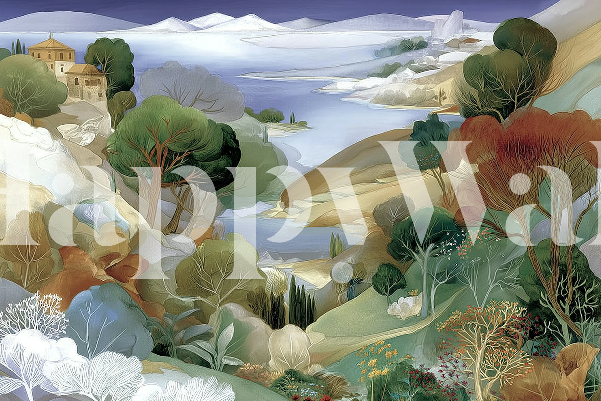 Tranquil mountain lake scene with trees and greenery wallpaper