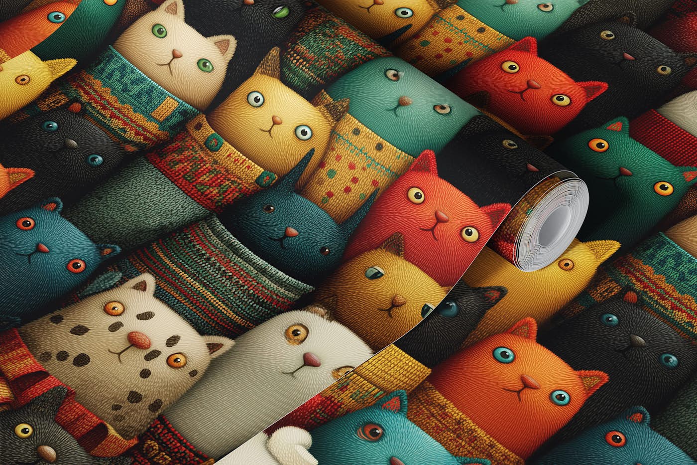 Colorful Knit Cats wallpaper roll
