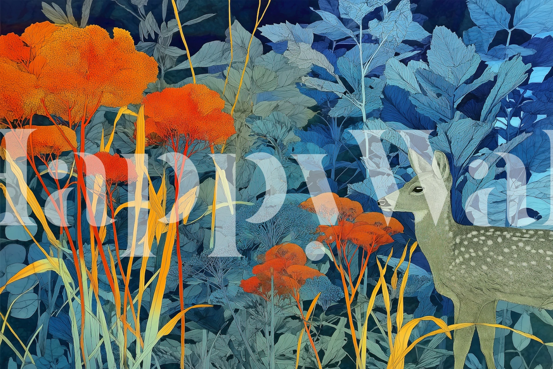 Mystical Forest with Deer papel de parede em um quarto