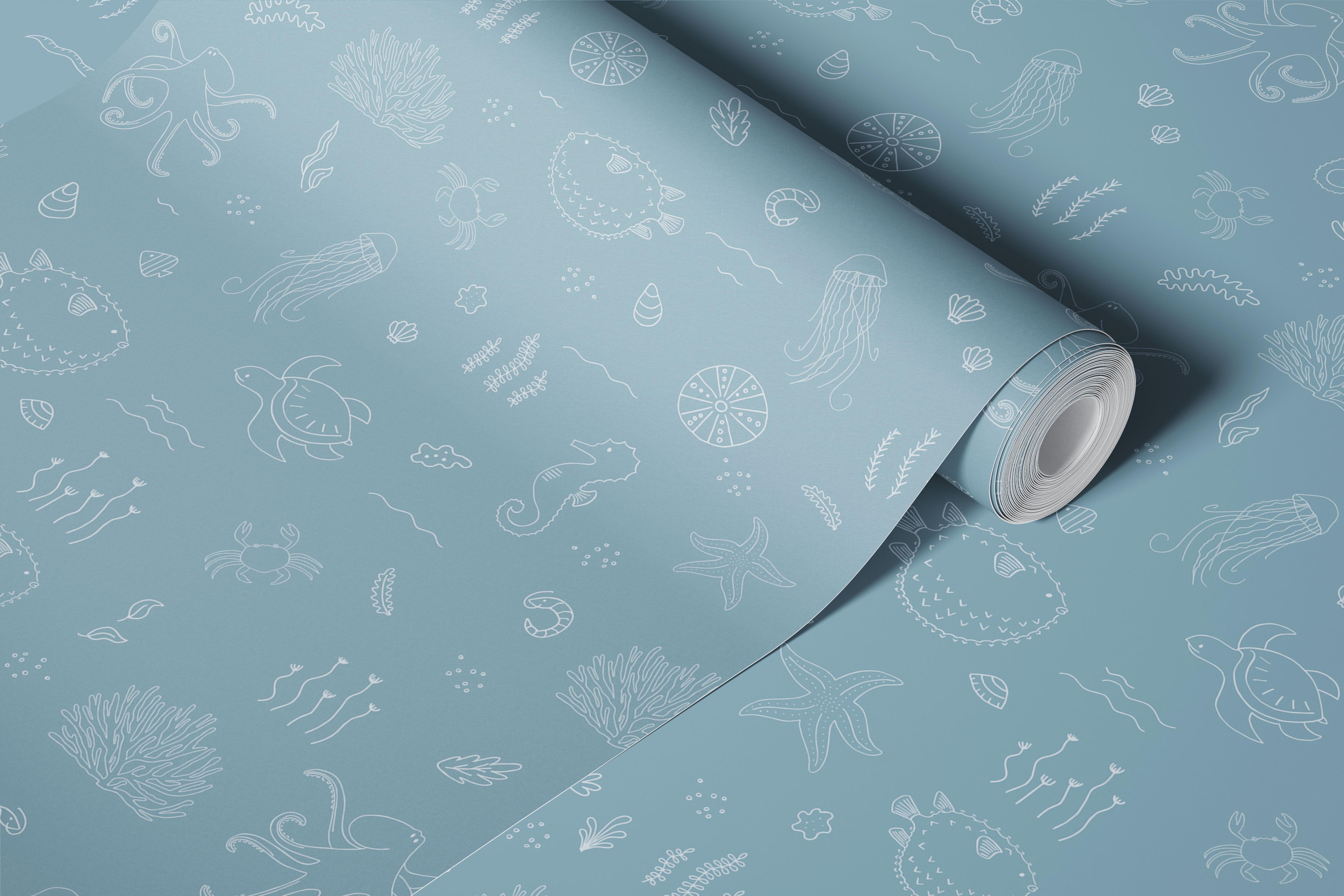Ocean life doodle patterns in soft blue and white wallpaper