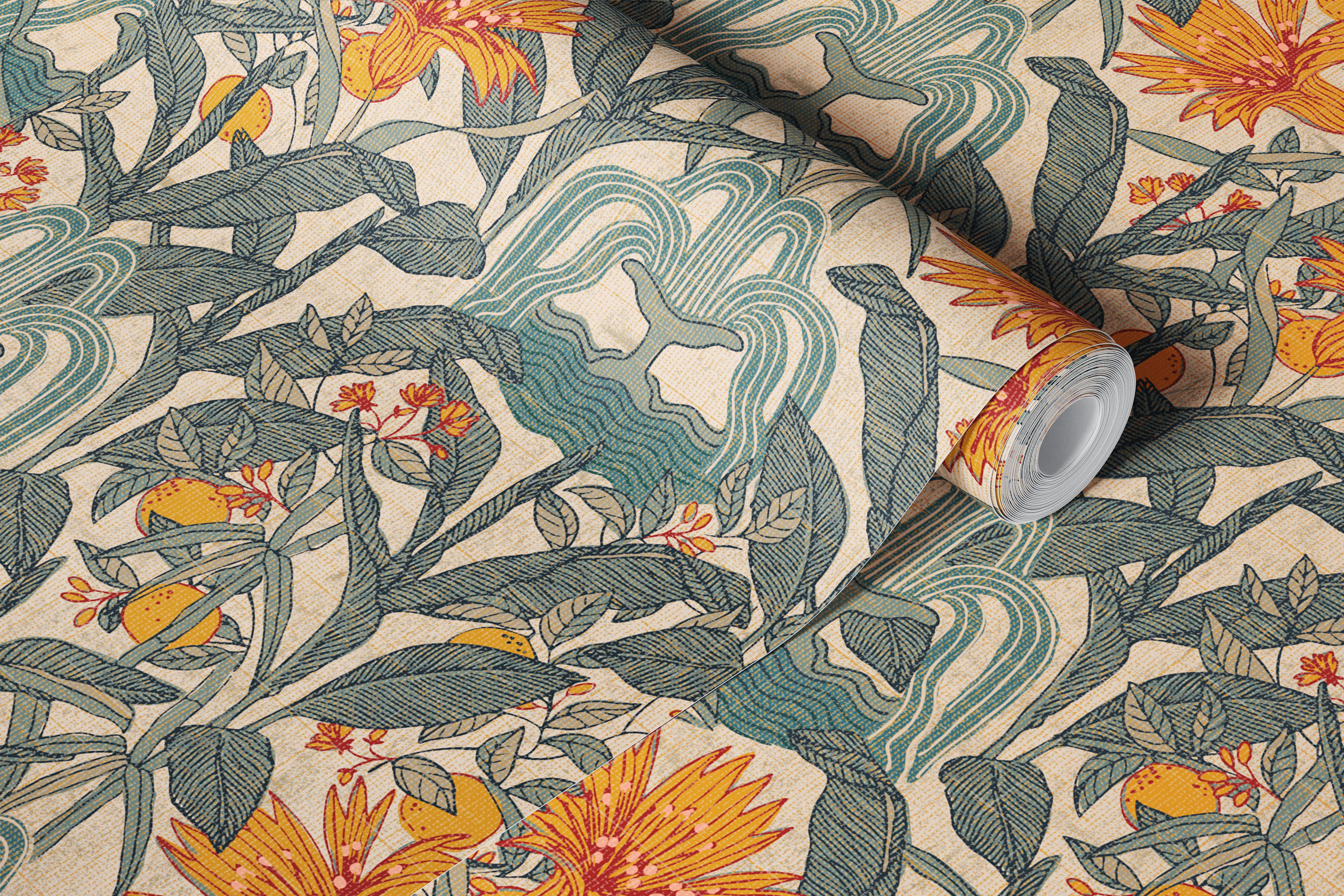 Floral pattern with yellow flowers and blue leaves wallpaper