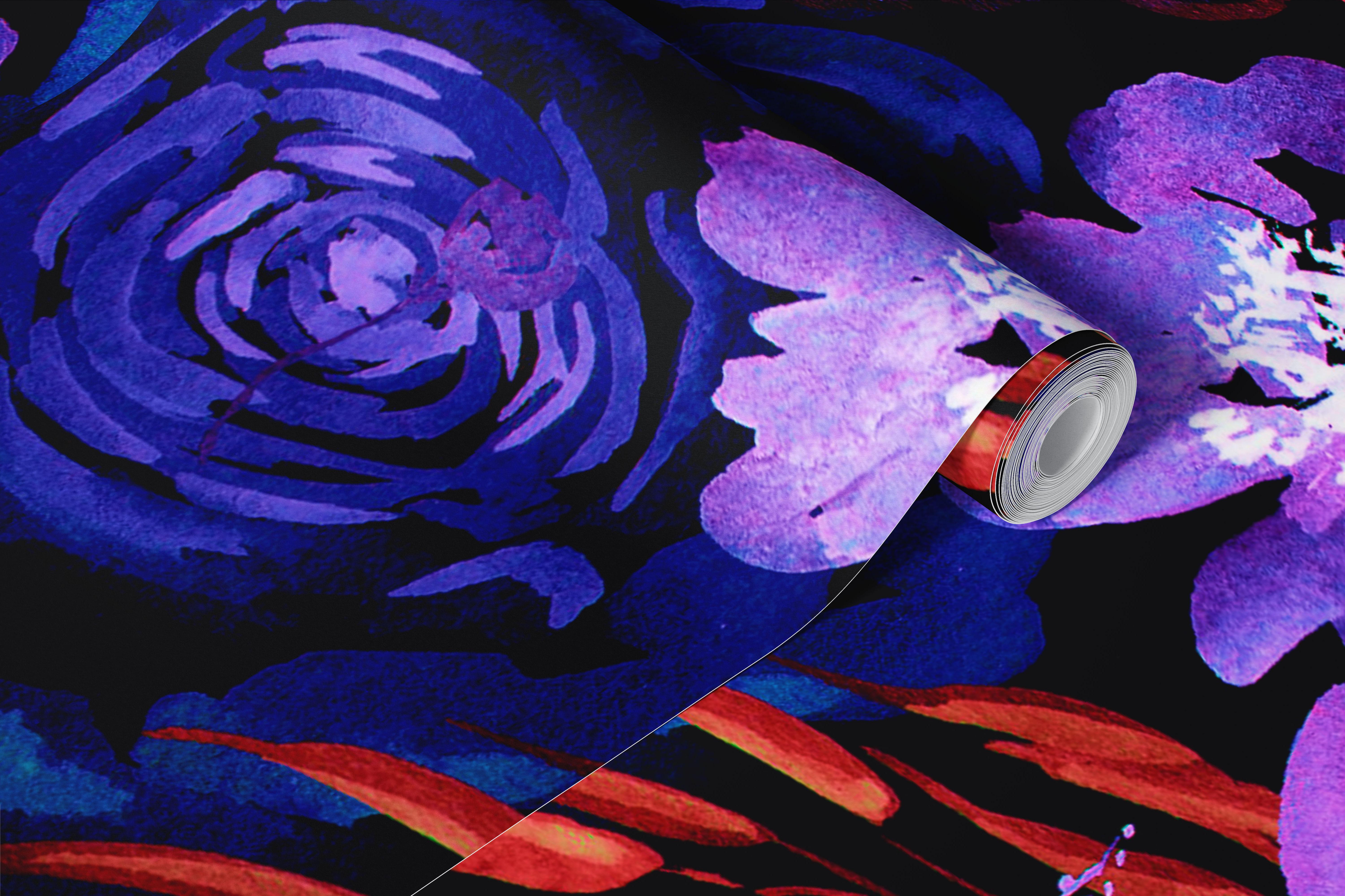 Floral wallpaper with purple and blue flowers on a black background