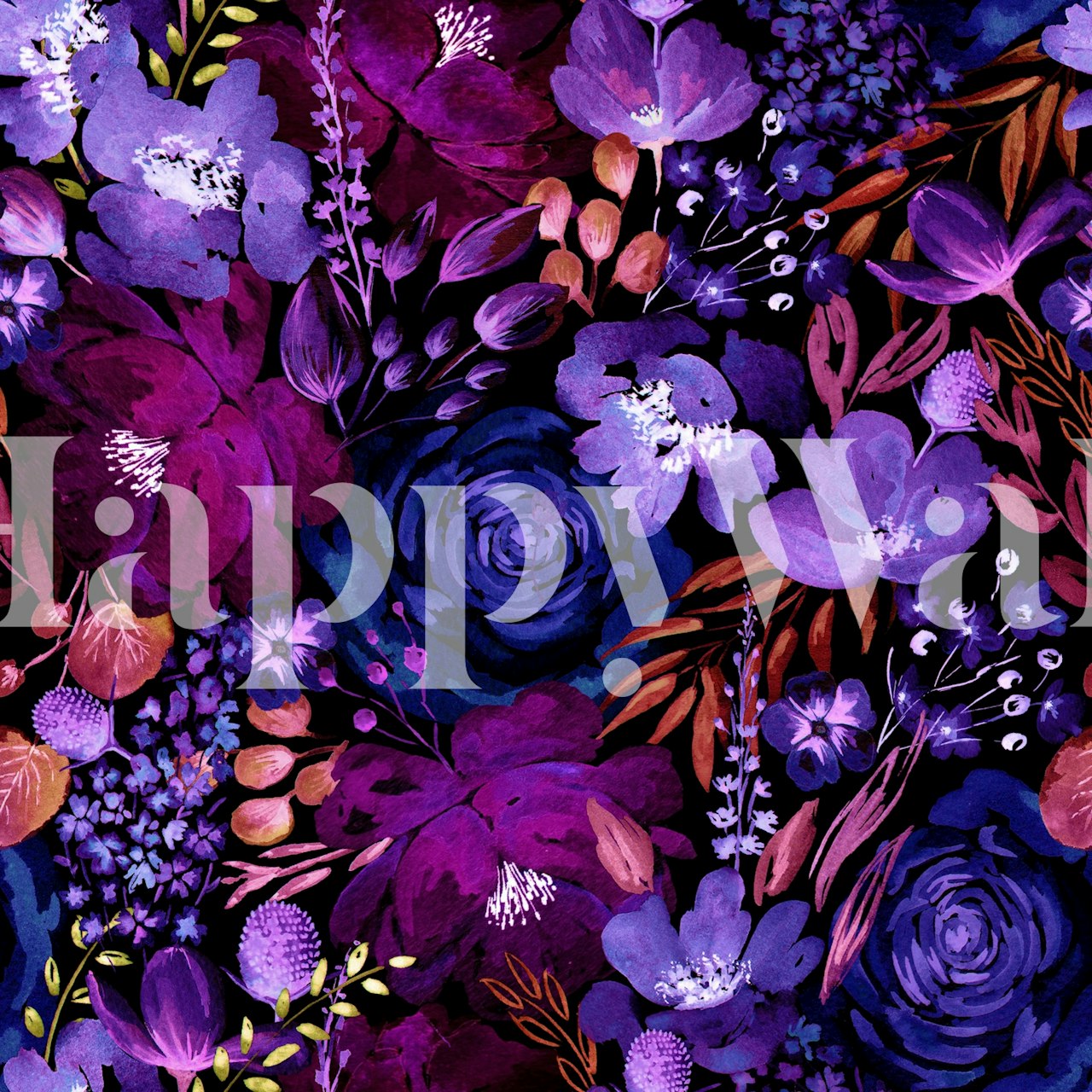 Floral wallpaper with purple and blue flowers on a black background