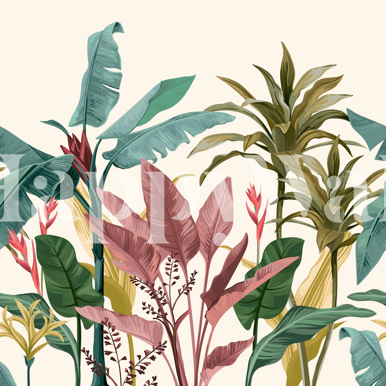 Tropical leaves and flowers in green, pink, and beige wallpaper