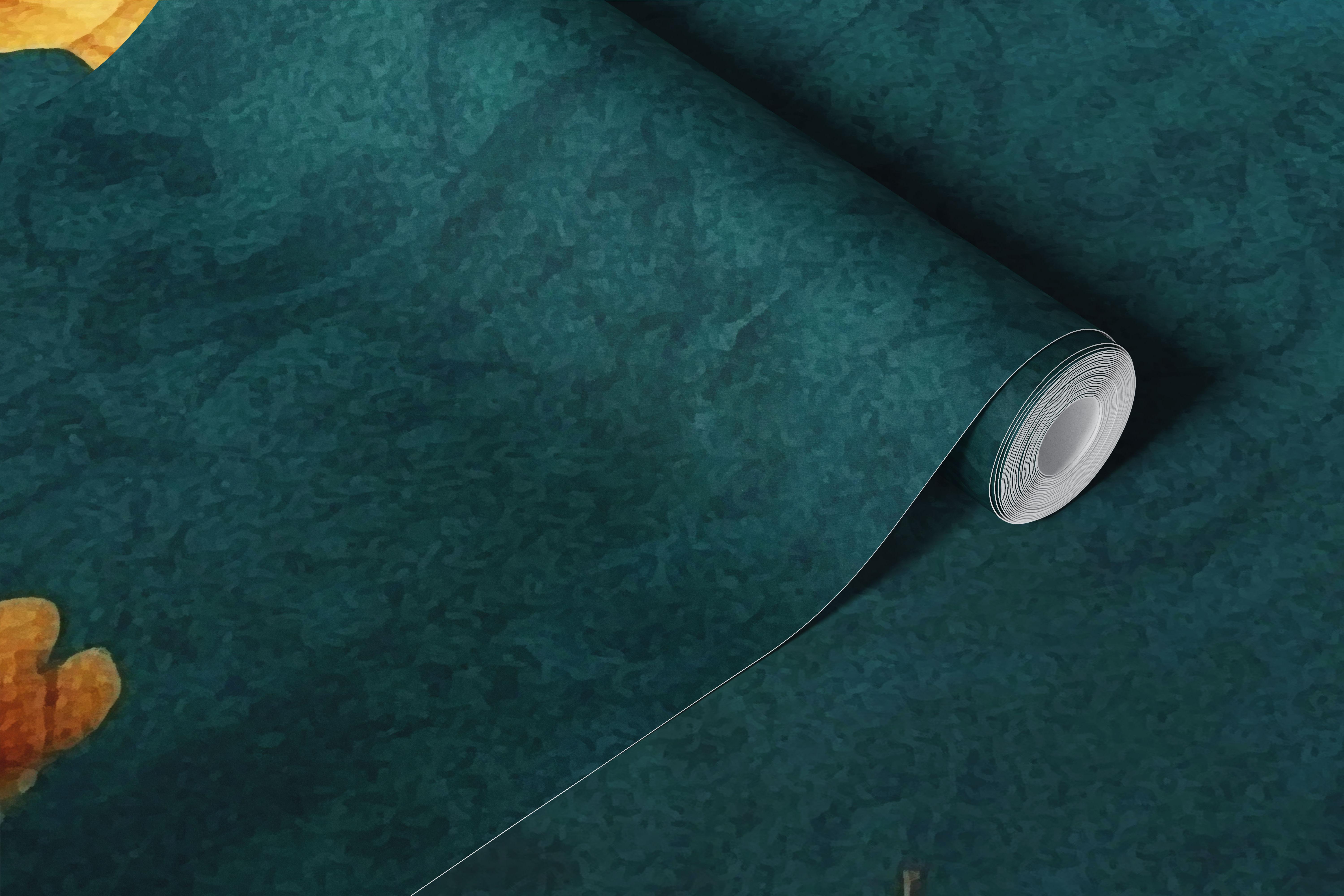 Peacock and golden flowers on teal wallpaper