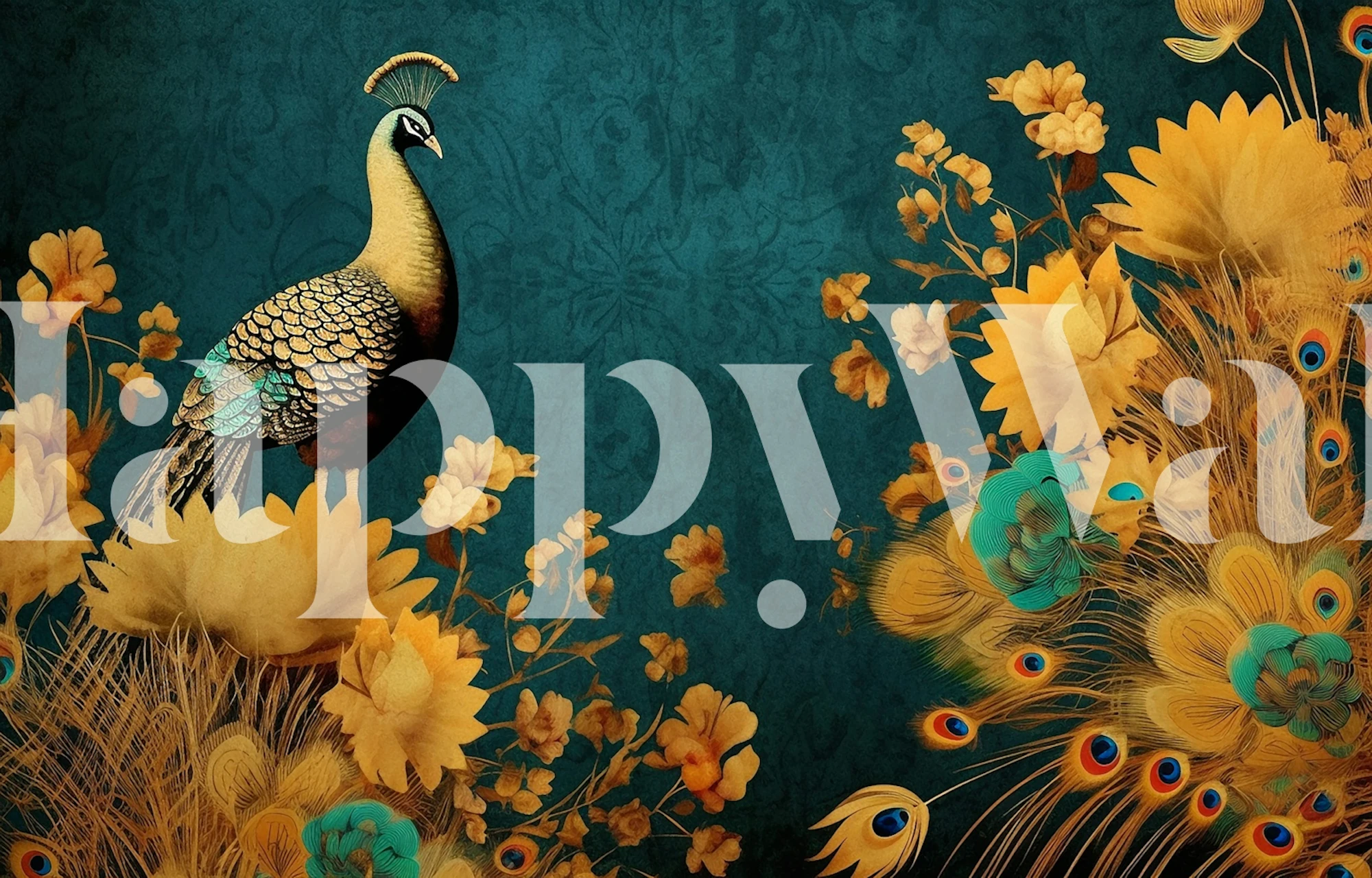 Peacock and golden flowers on teal wallpaper
