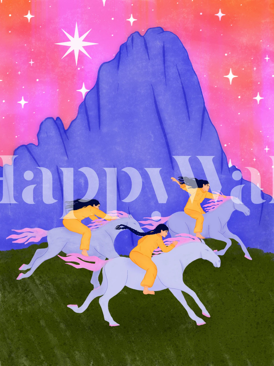 Galloping horses with pink flames against a colorful night sky wallpaper