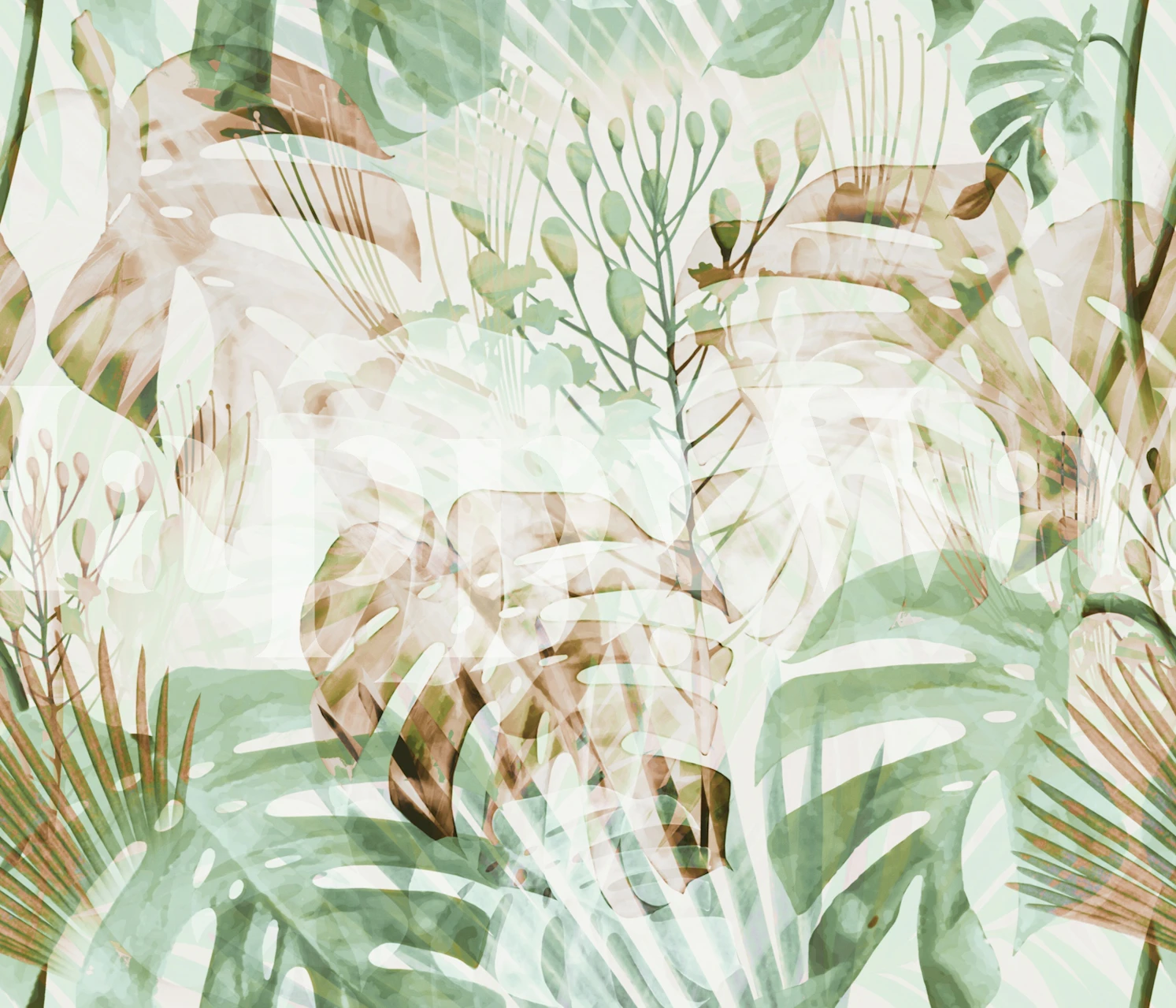 Green monstera leaves and botanical elements wallpaper