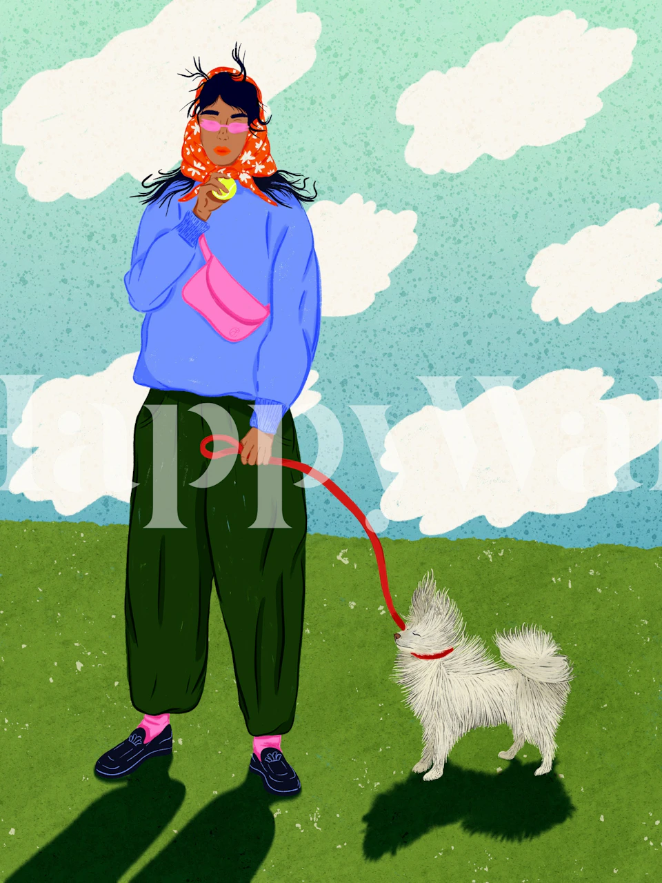 Vittig tapet med en kvinde, der går en hund