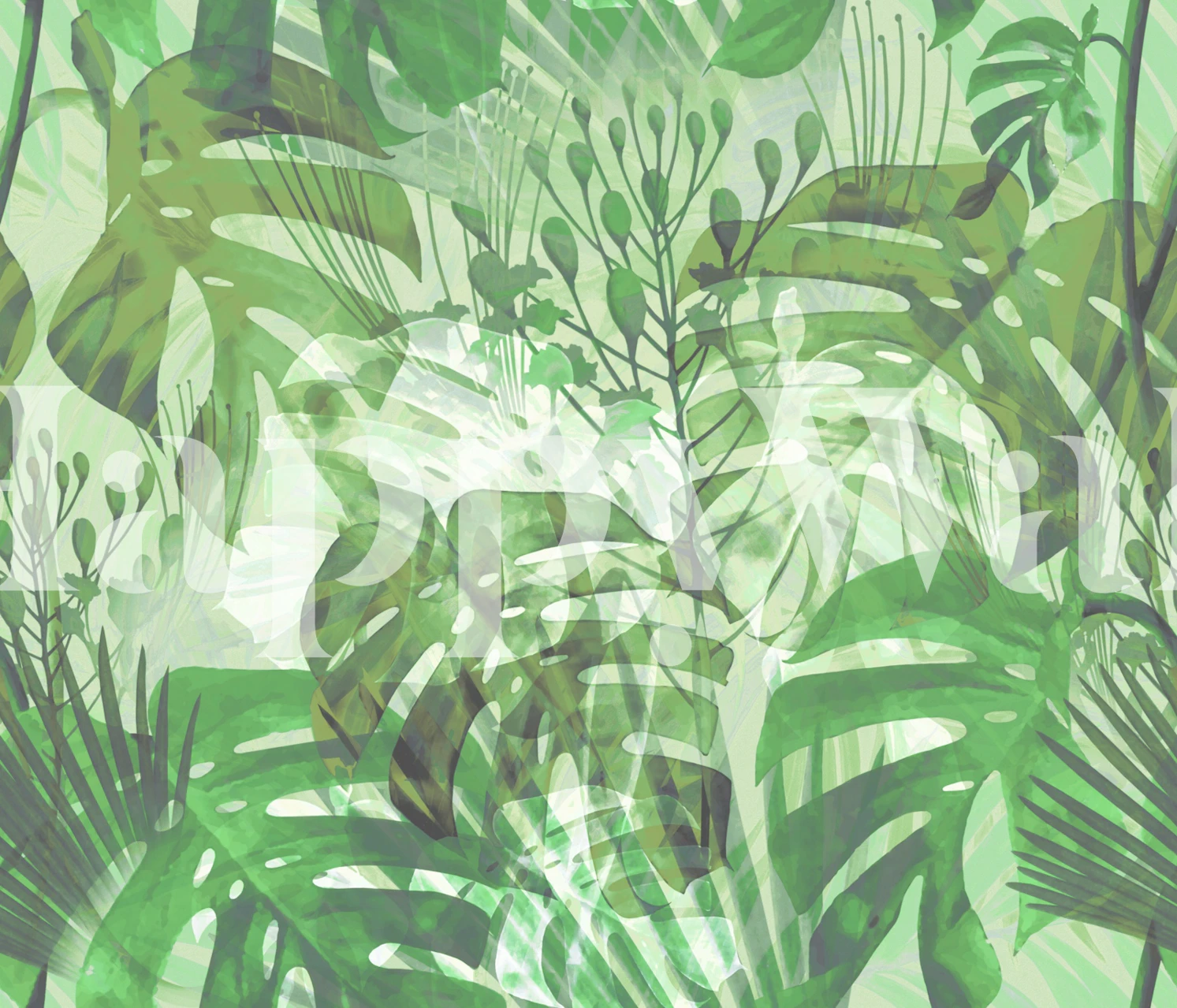 Green monstera leaves with botanical patterns wallpaper