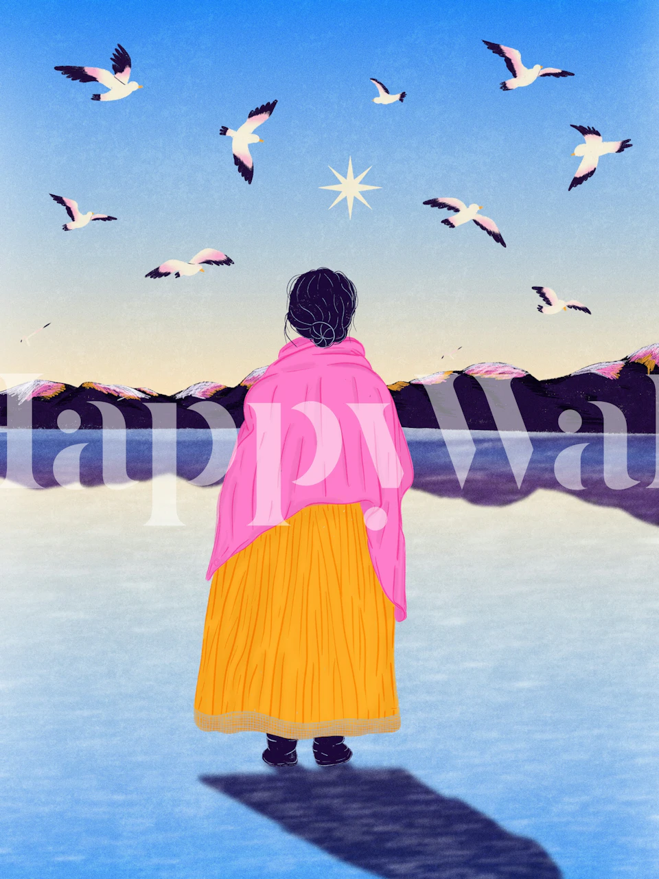 Colorful Andean woman with pink shawl and yellow skirt under a sunset sky with birds. Wallpaper
