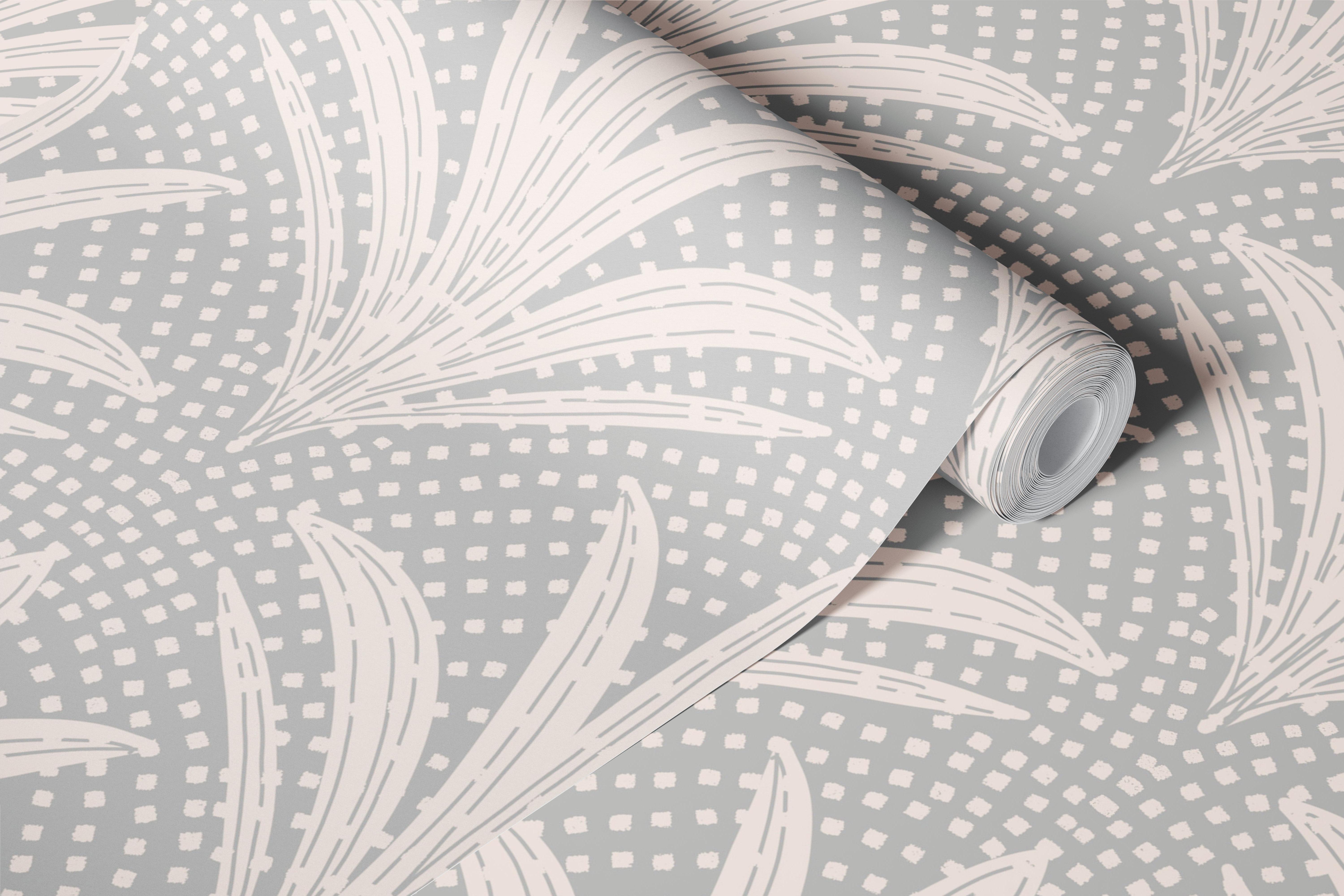 Soft grey palm leaf wallpaper in a room