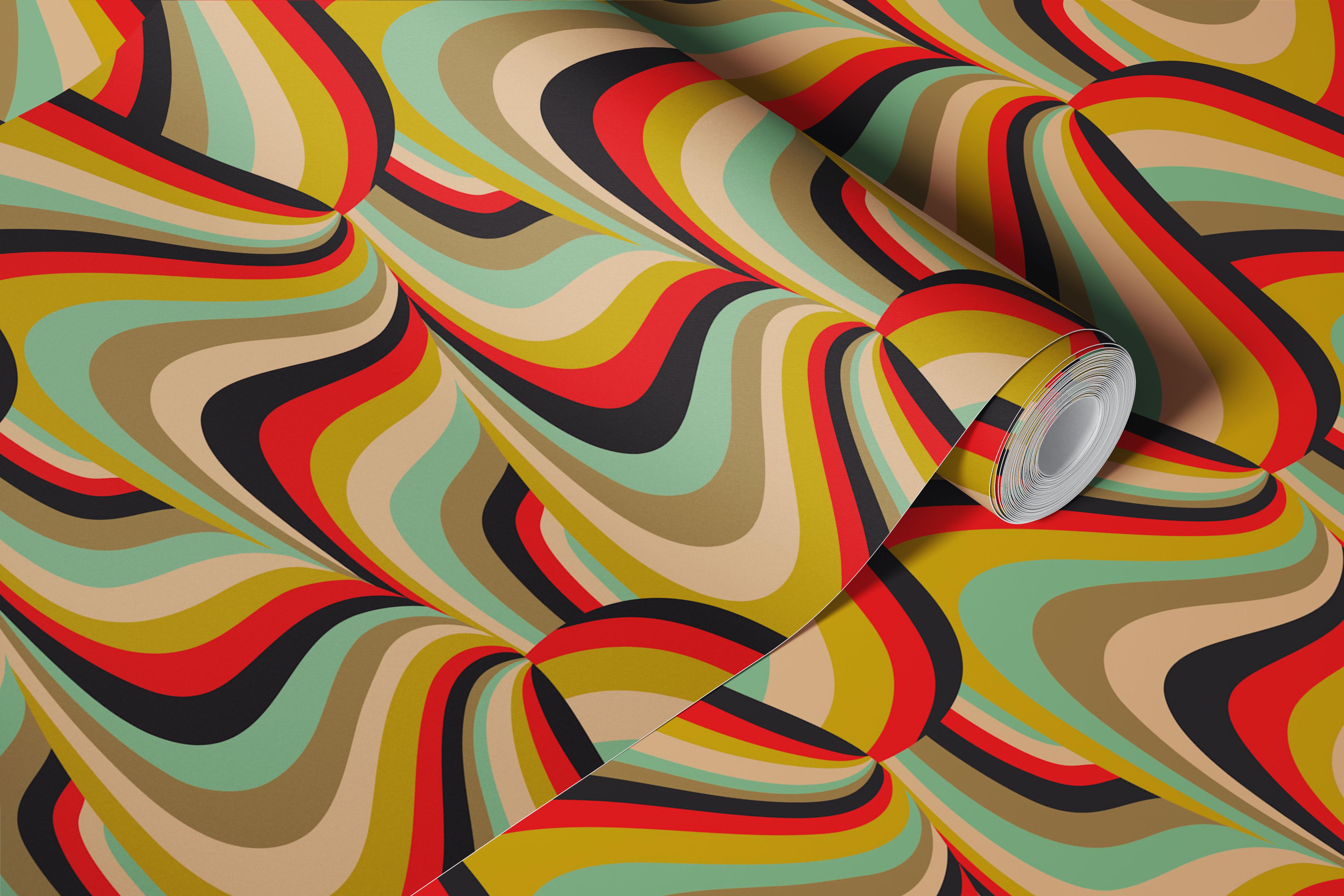 Retro striped wallpaper with swirling black, red, and green patterns