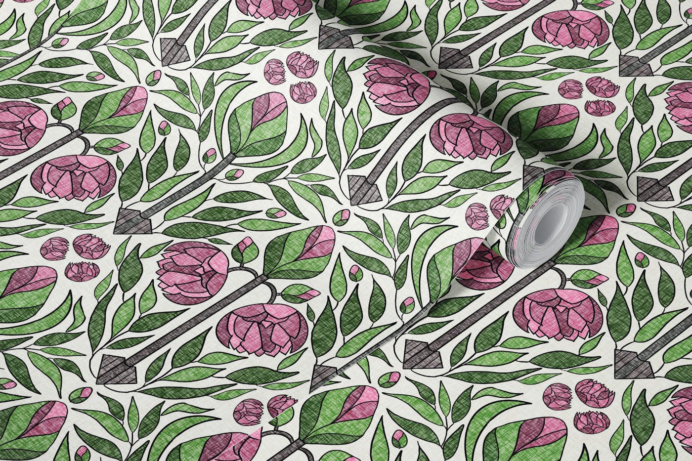 English Country Roses - Mauve Pink & Moss wallpaper roll