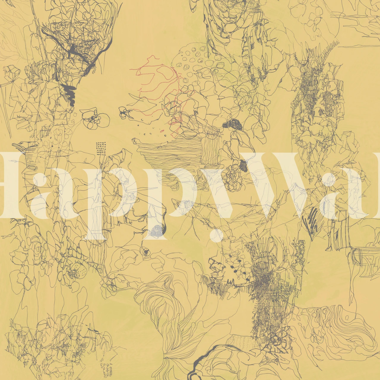 Abstract linear floral doodles on yellow background wallpaper