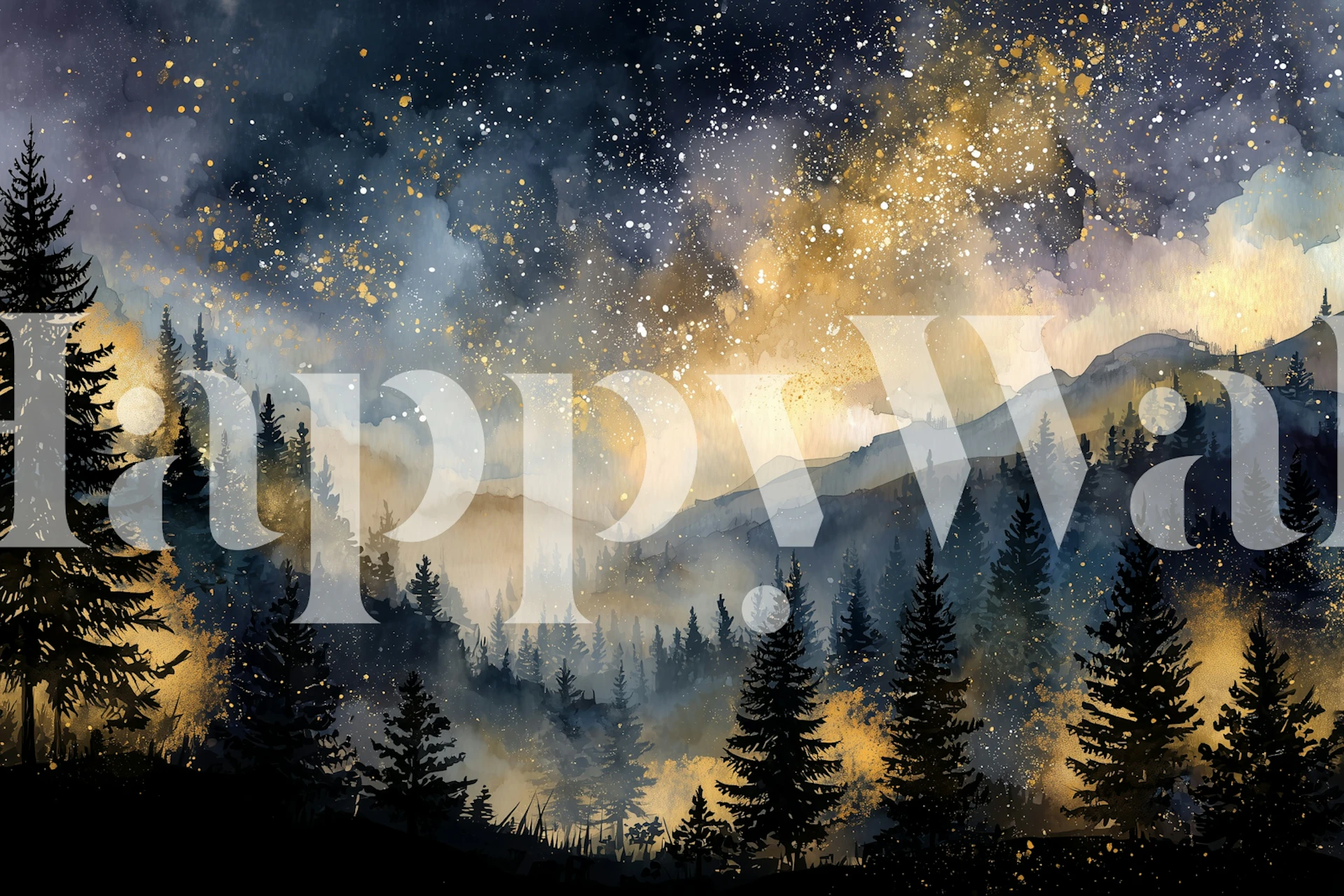 Forest silhouette against a starry gold and blue night sky wallpaper