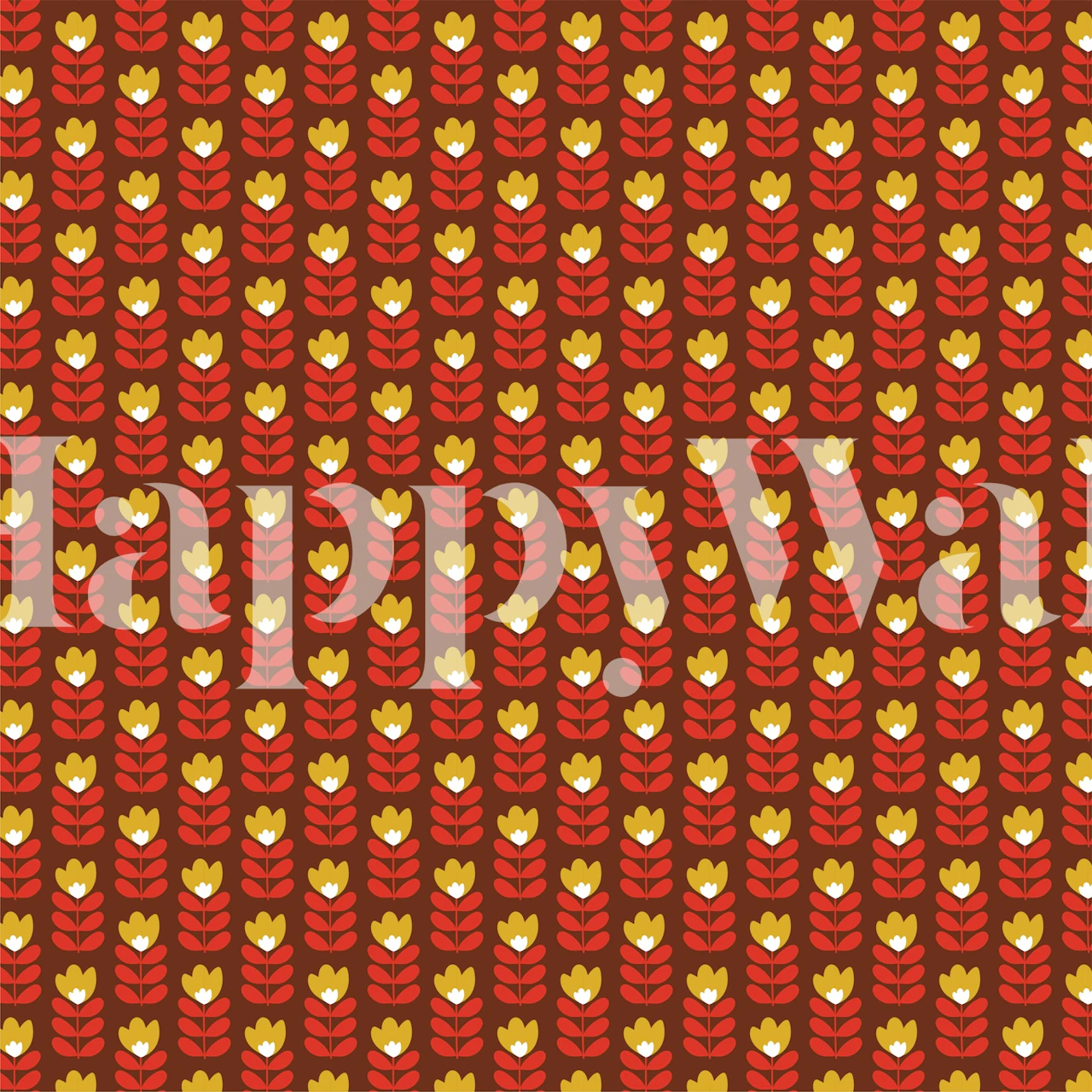 Red and yellow floral pattern on brown background wallpaper