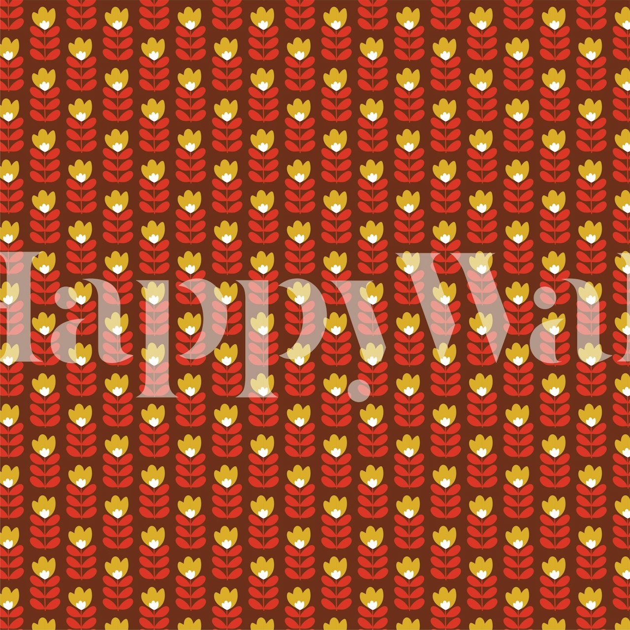 Red and yellow floral pattern on brown background wallpaper