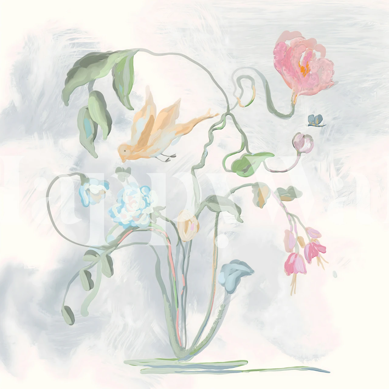 Floral design with pastel pink, blue flowers and green leaves wallpaper