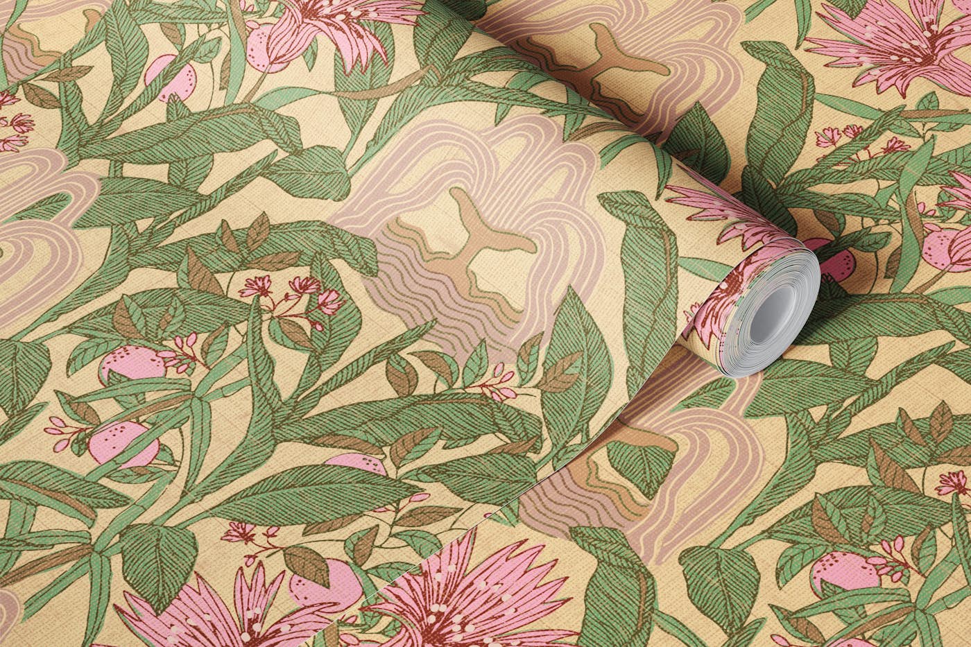 Art Deco Ornamental Garden Pink Green Beige wallpaper roll
