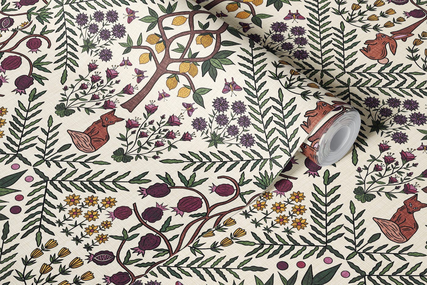 Fox in the Lemon Garden - Plum - Small wallpaper roll