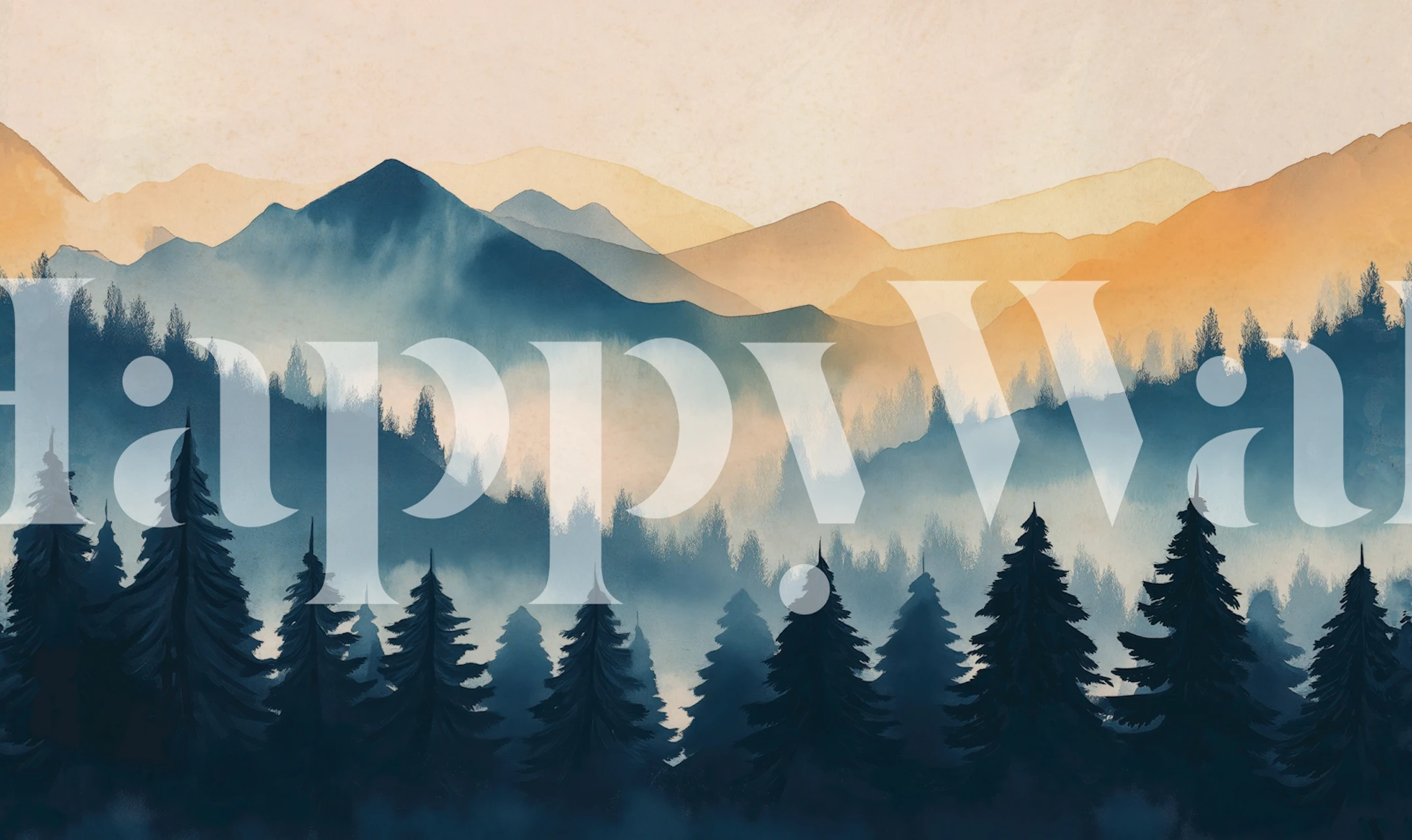 Misty mountain landscape with evergreen trees and soft pastel colors wallpaper