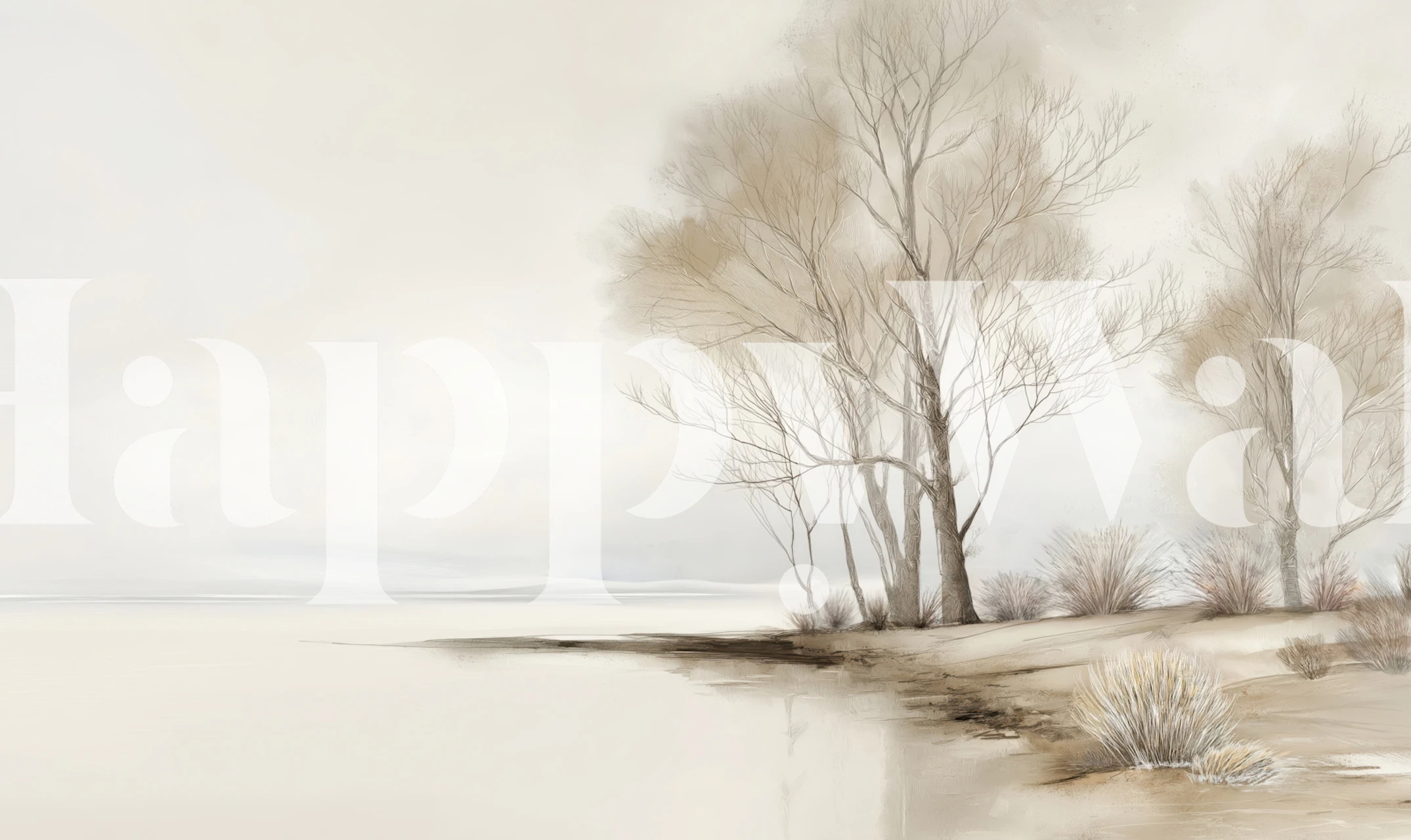 Winter shoreline trees landscape wallpaper in a room