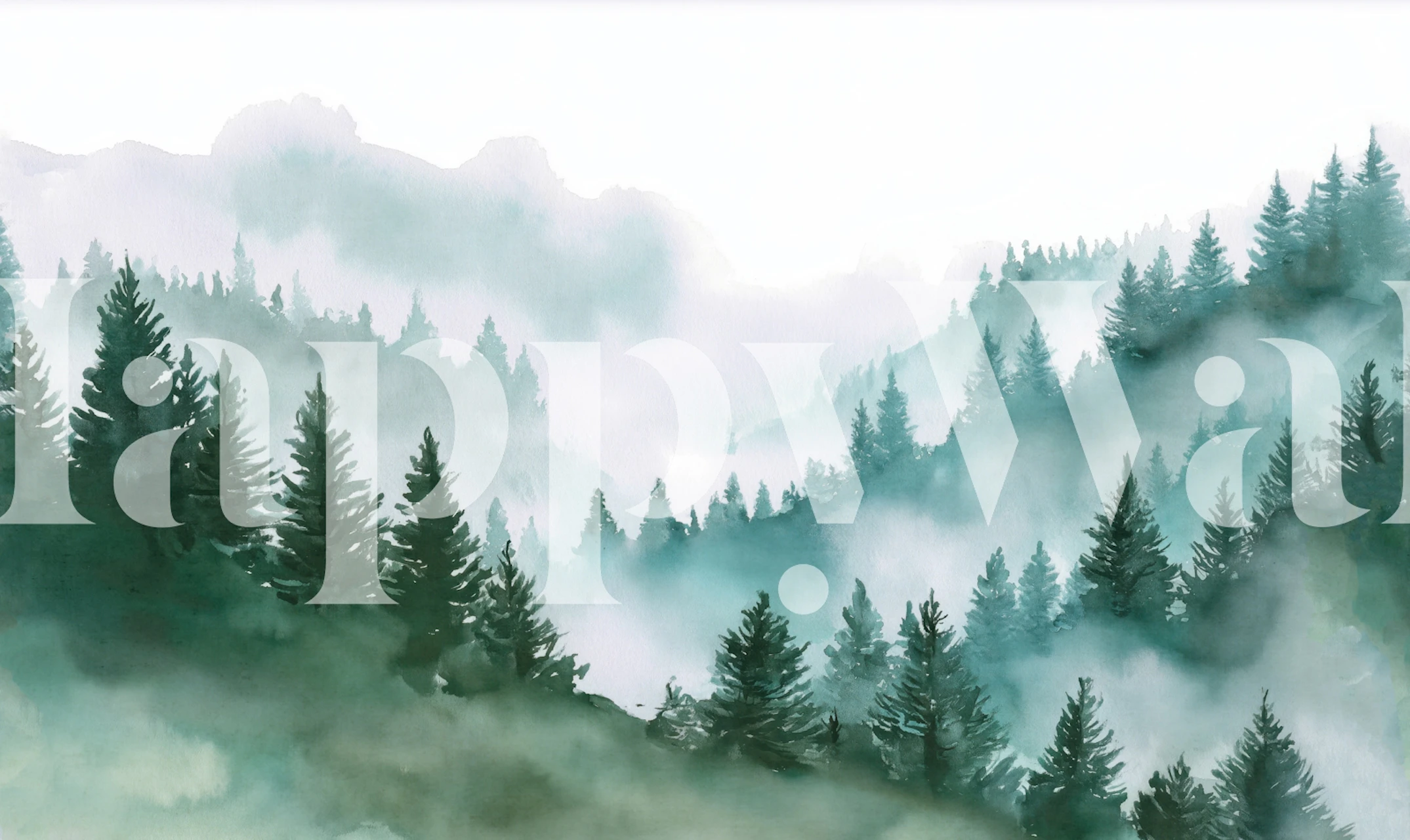 Pine forest landscape with misty mountains and green hues wallpaper