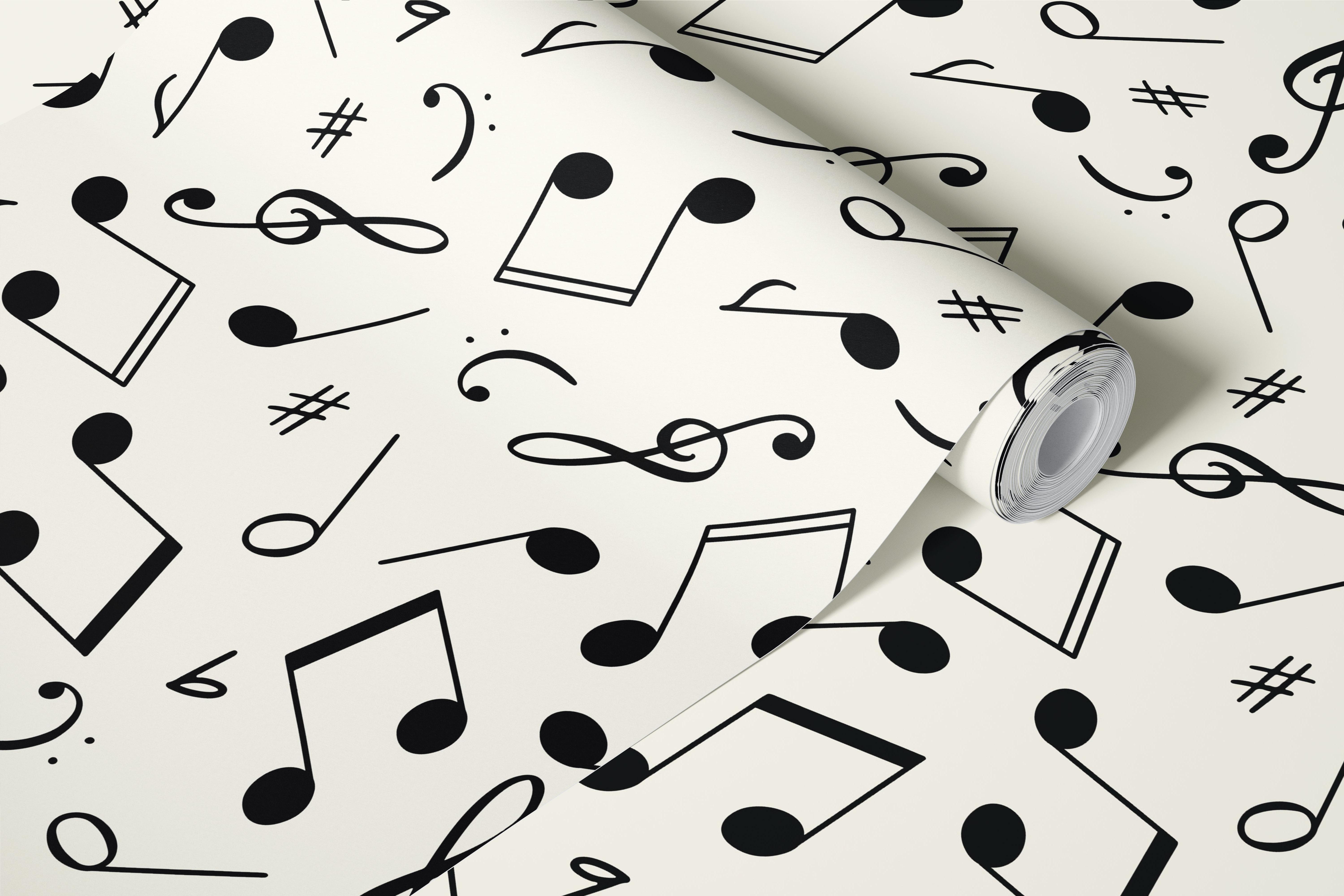 Black musical notes on a cream background wallpaper